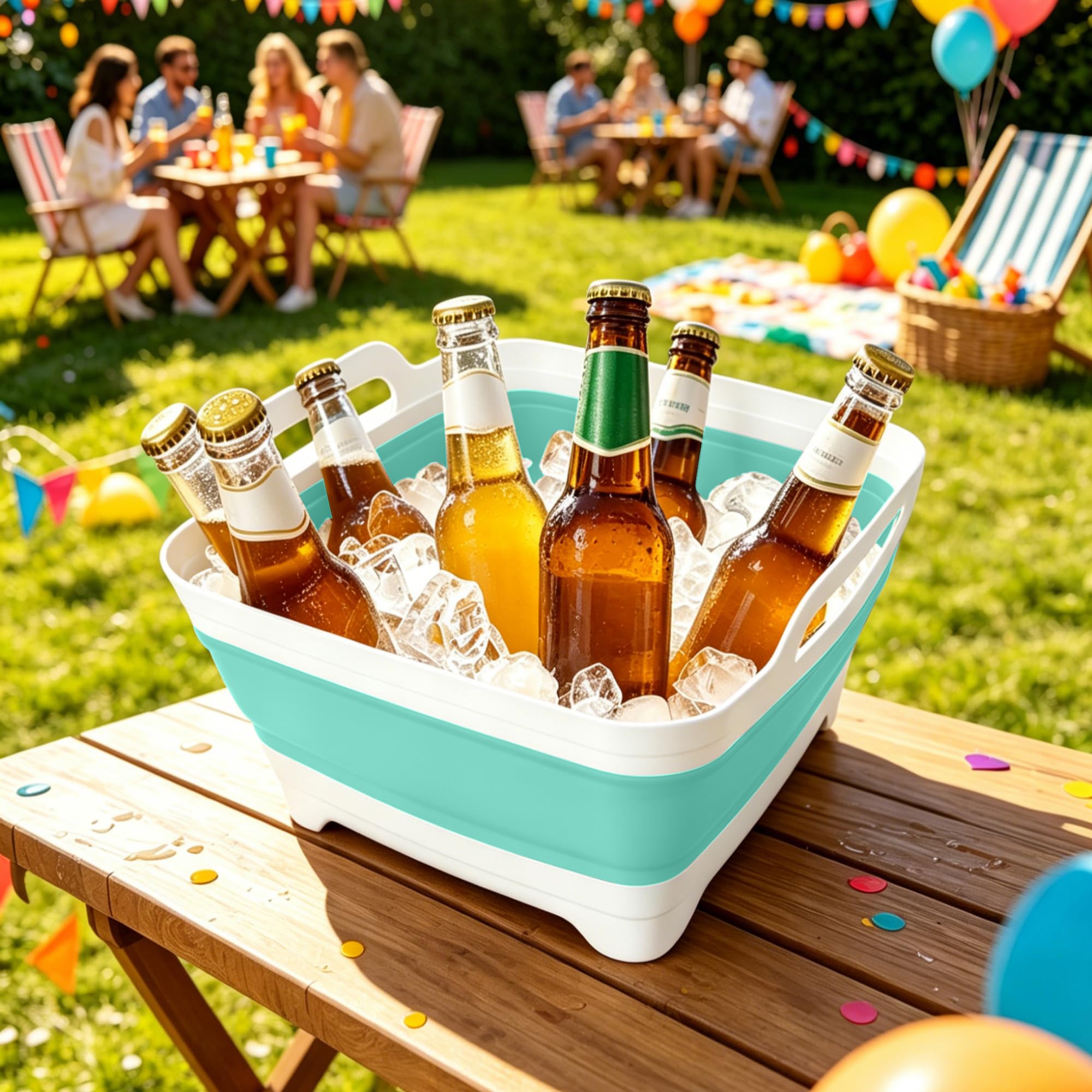 FOSJGO basin as an ice bucket at a picnic keeping drinks cold and accessible