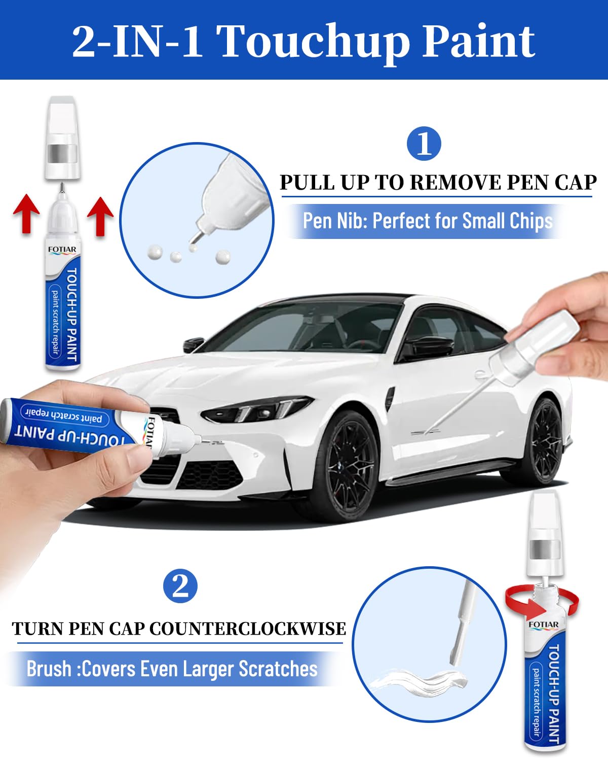 fotiar brush applying paint to a scratch demonstrating even coverage and easy use