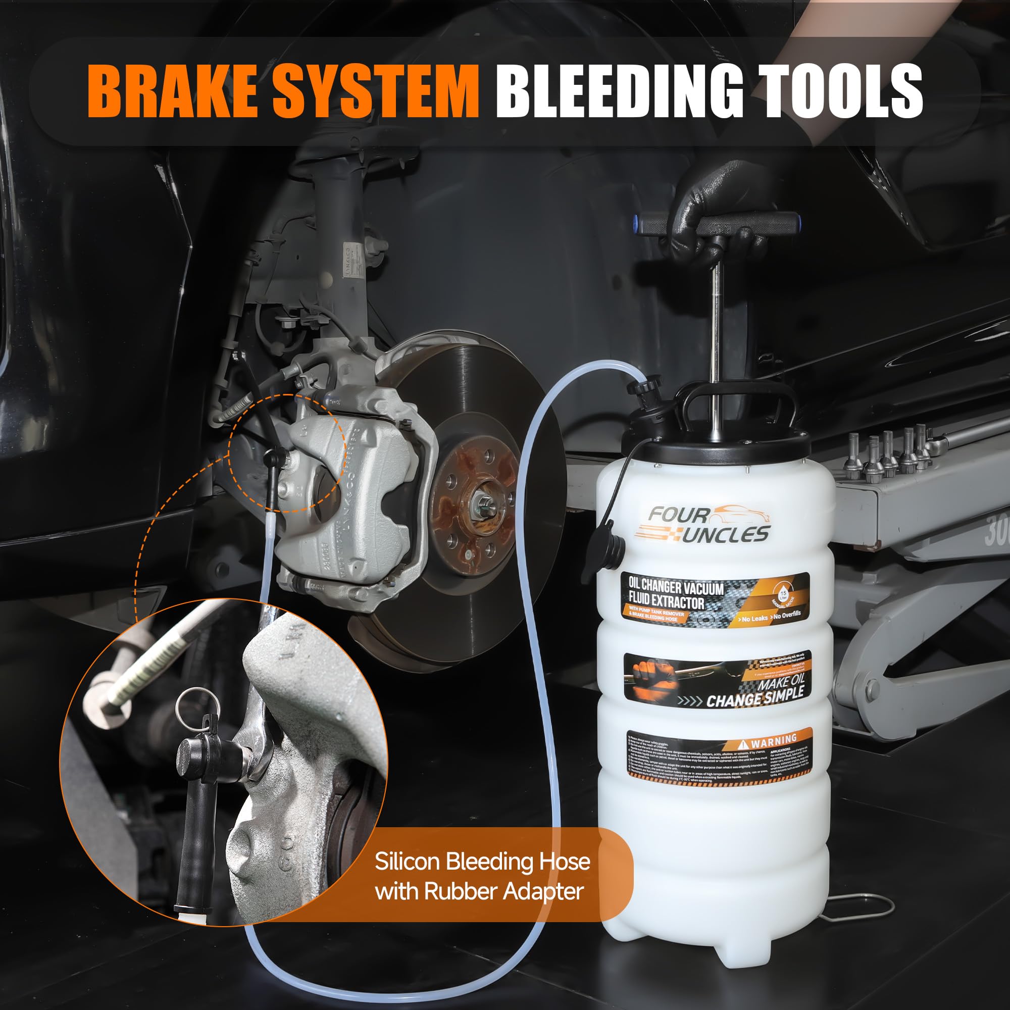 FOUR UNCLES separate brake-bleed hose pictured for fluid service versatility benefit