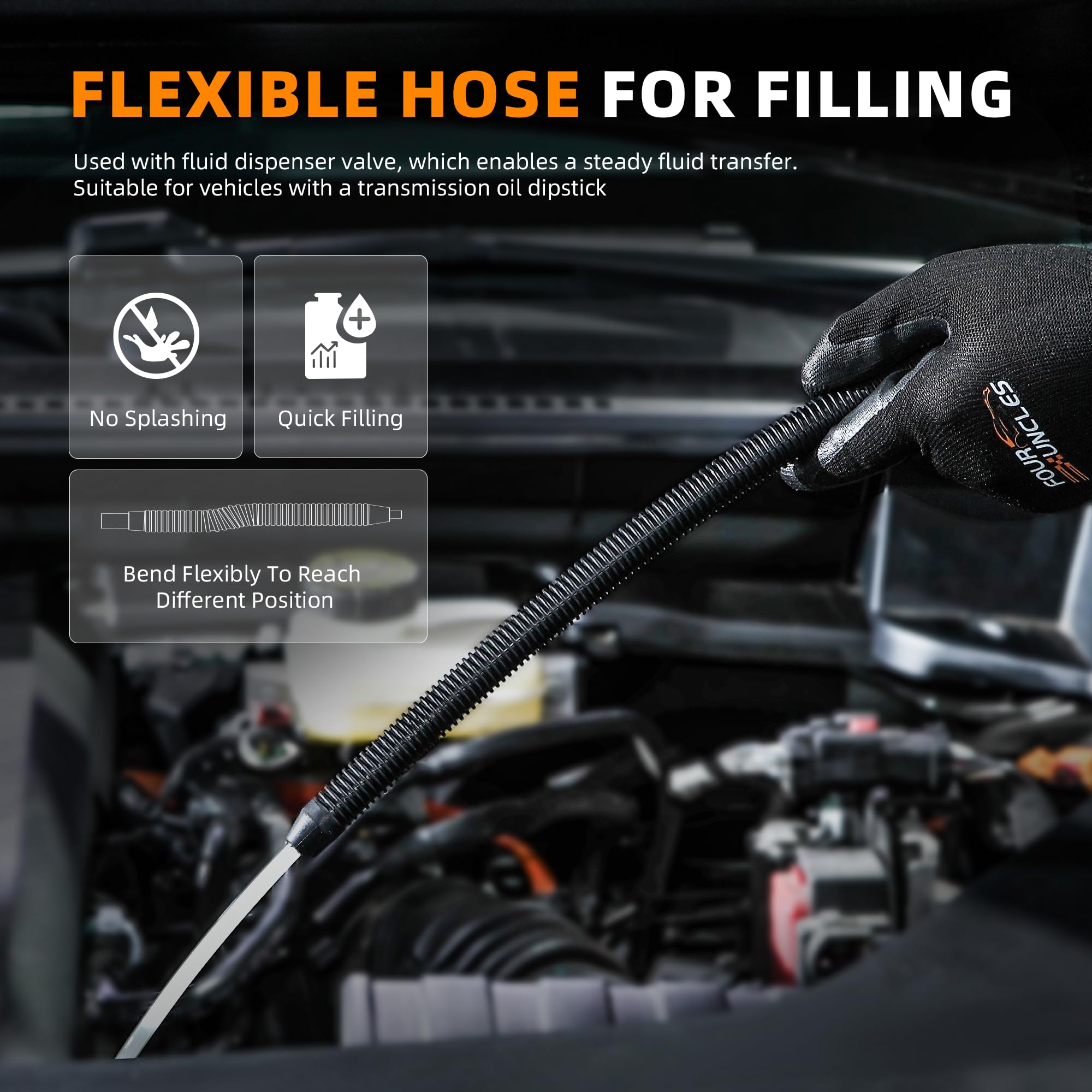 FOUR UNCLES pump in use on vehicle transmission, speeds up professional fluid changes