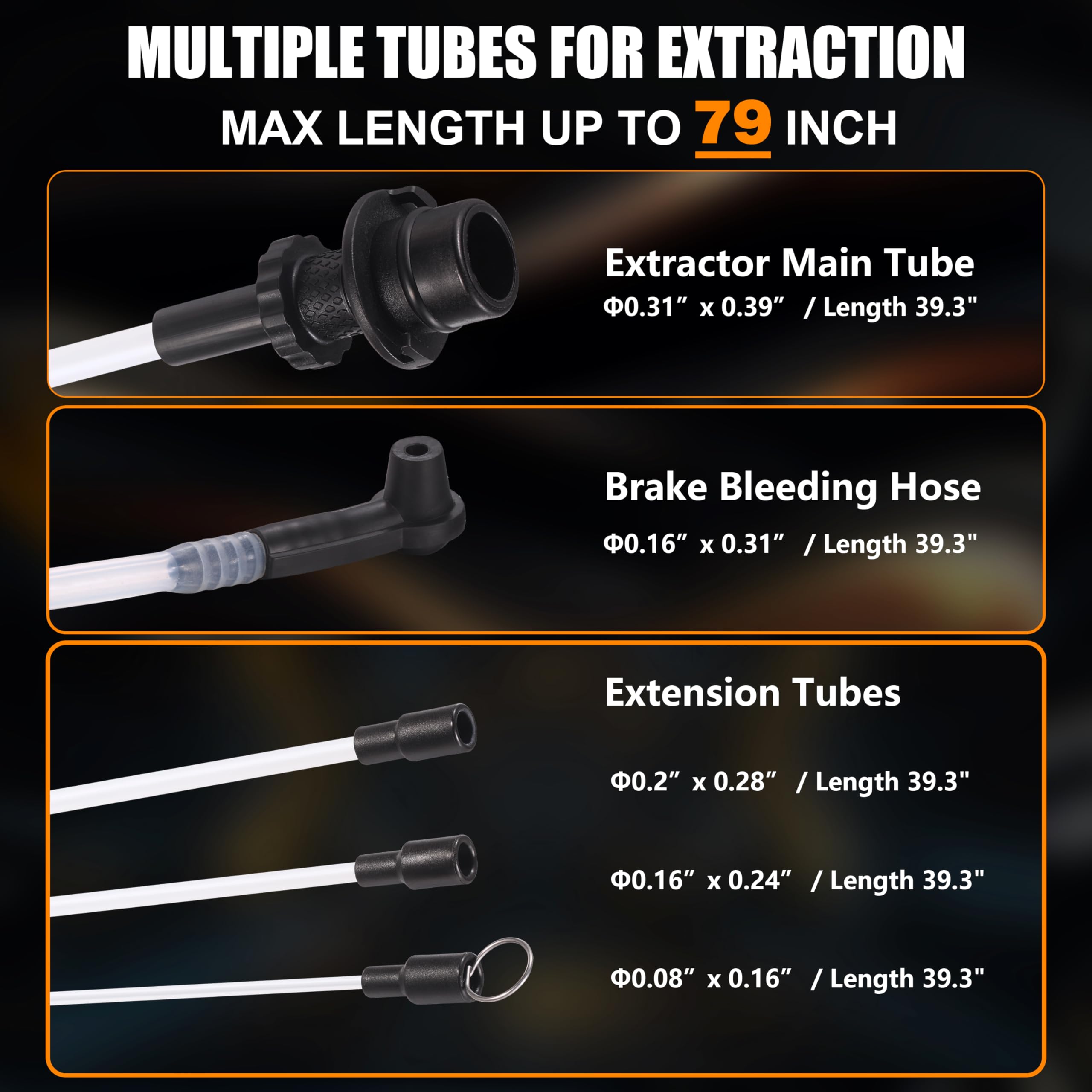 FOUR UNCLES three suction tubes laid out, fit different dipstick openings advantage