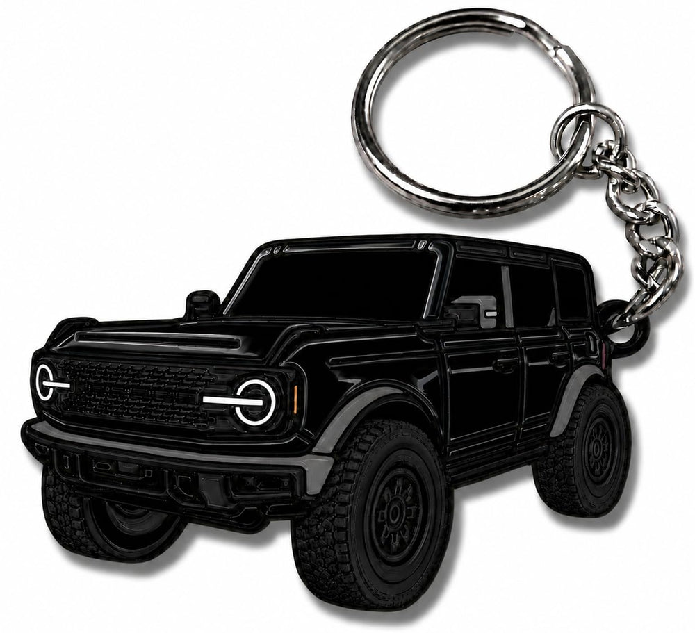 FOUR WHEEL BEAST front view of Bronco keychain showing design and finish benefit
