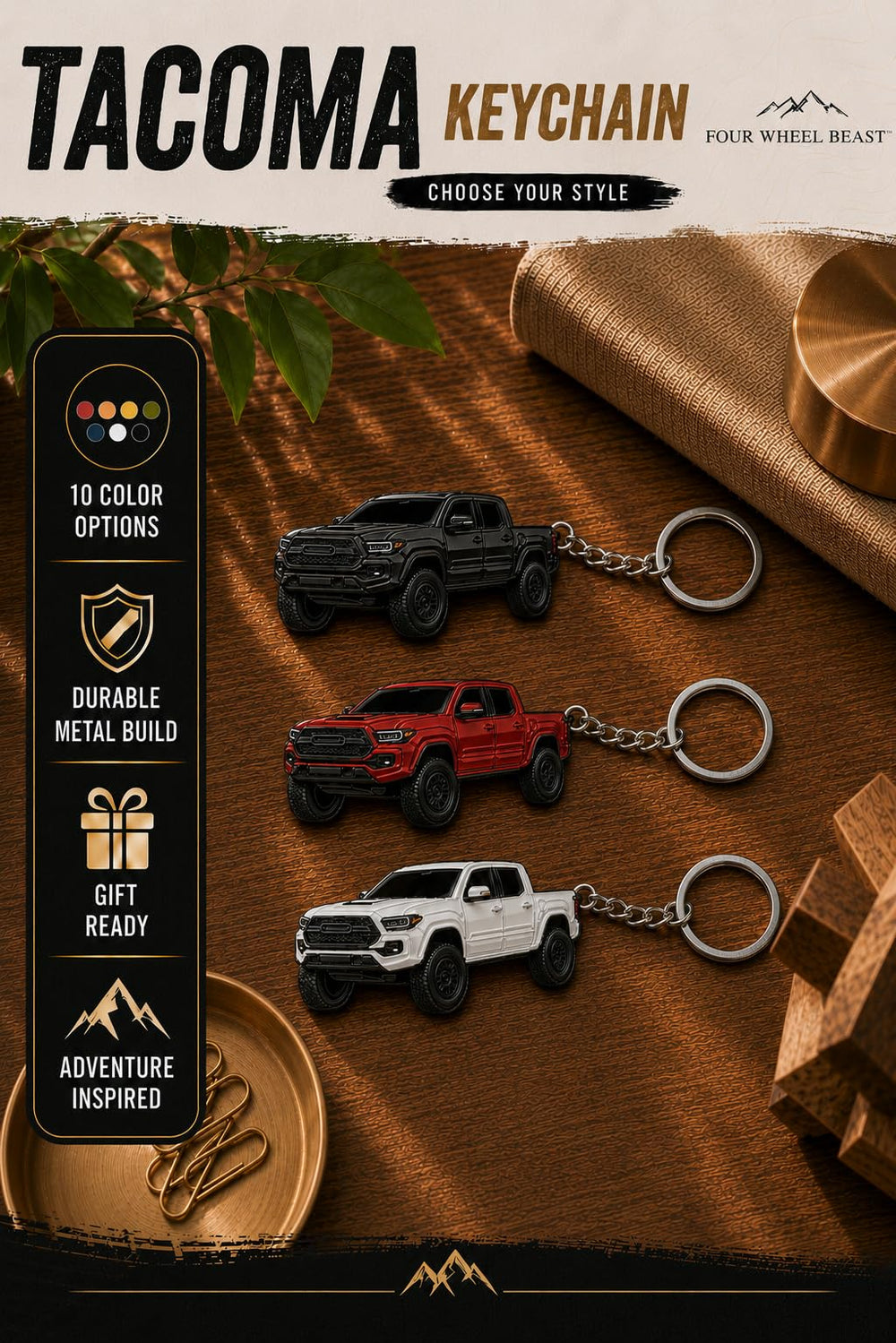 FOUR WHEEL BEAST keychain attached to keyring demonstrating everyday carry convenience