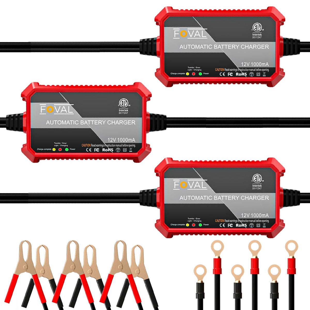 FOVAL front packaging showing compact 1A charger and features, convenient storage benefit