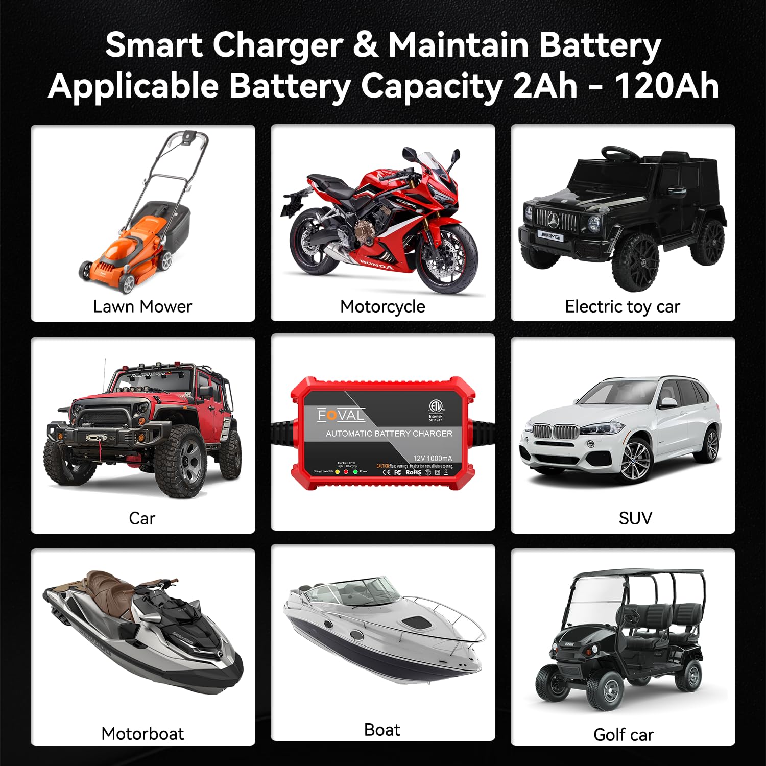 FOVAL chargers placed in garage maintaining multiple vehicle batteries efficiently
