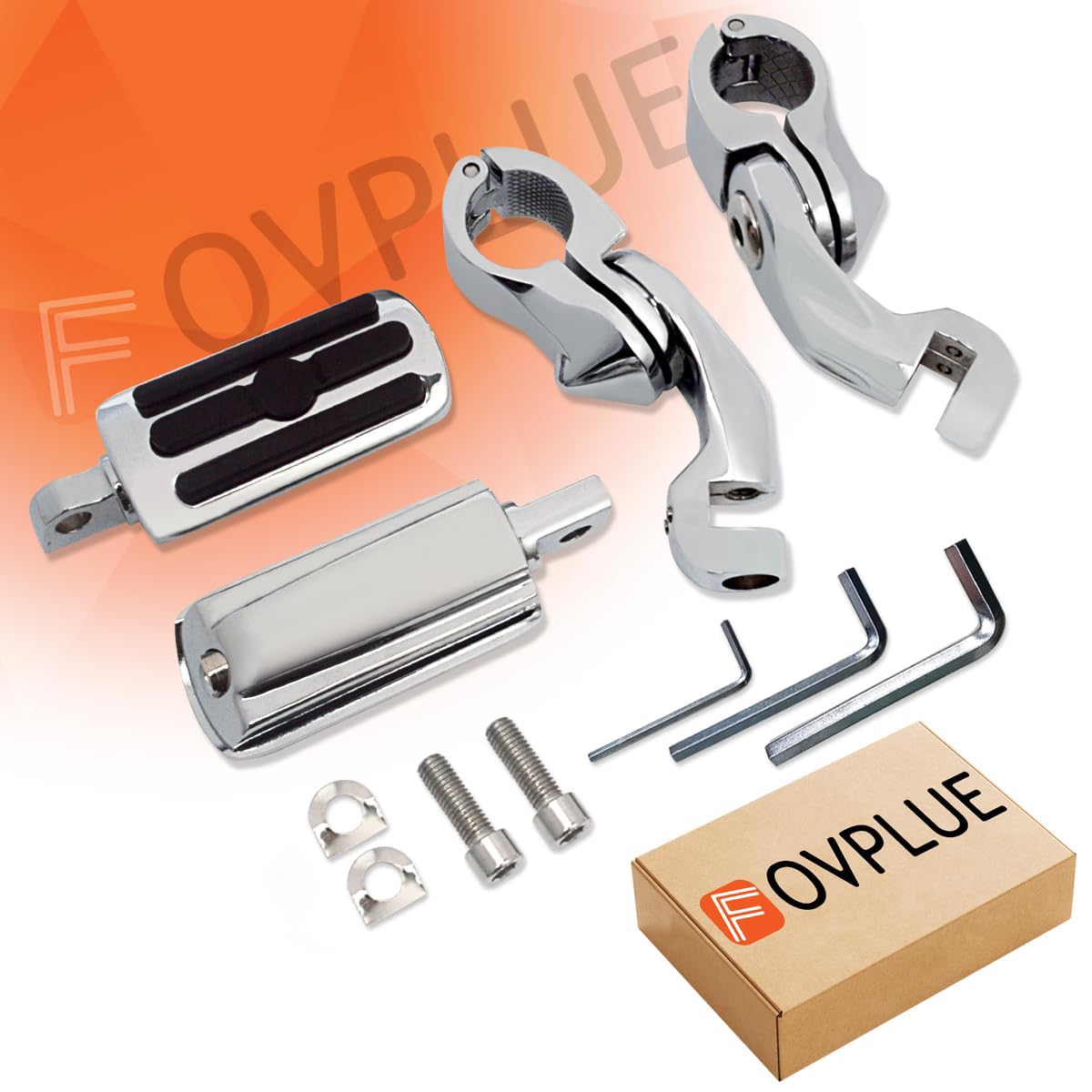 FOVPLUE packaging box contents with tools showing included pegs and Allen wrench