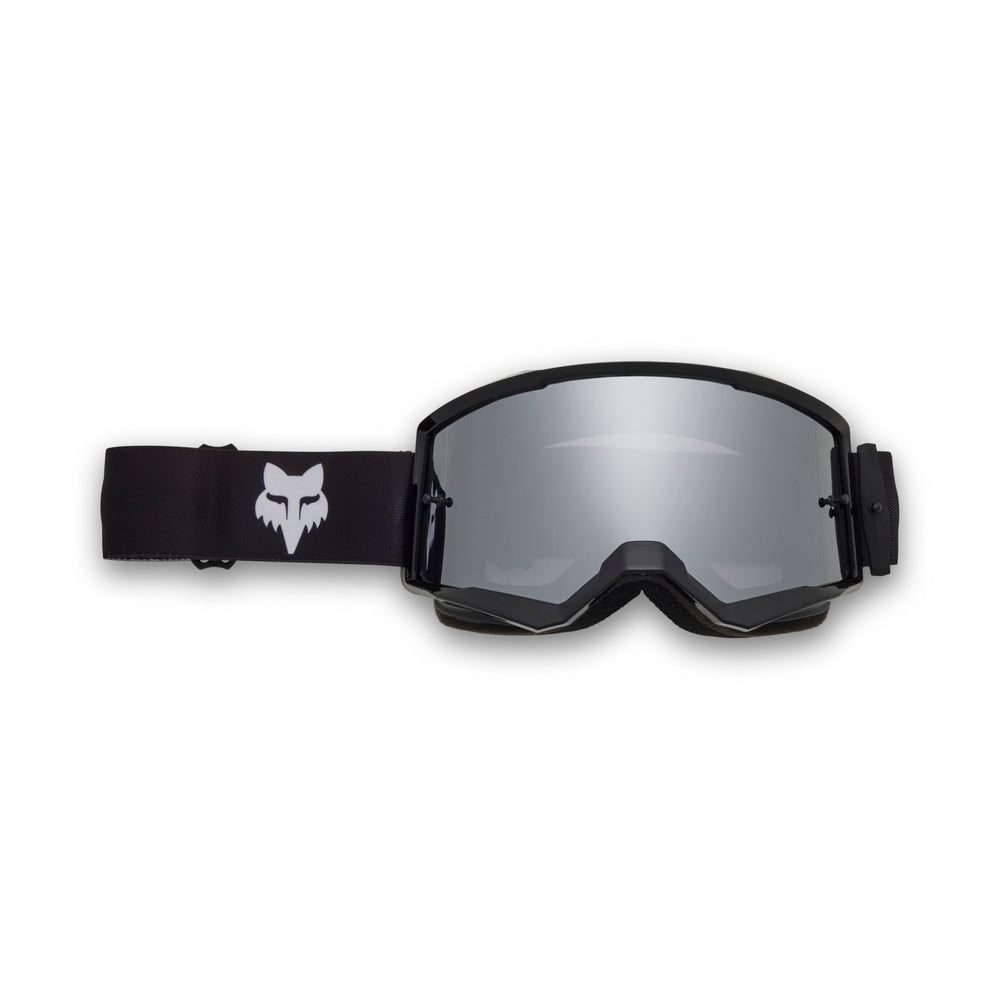 Fox Racing goggles front view showing black spark finish and wide viewport benefit