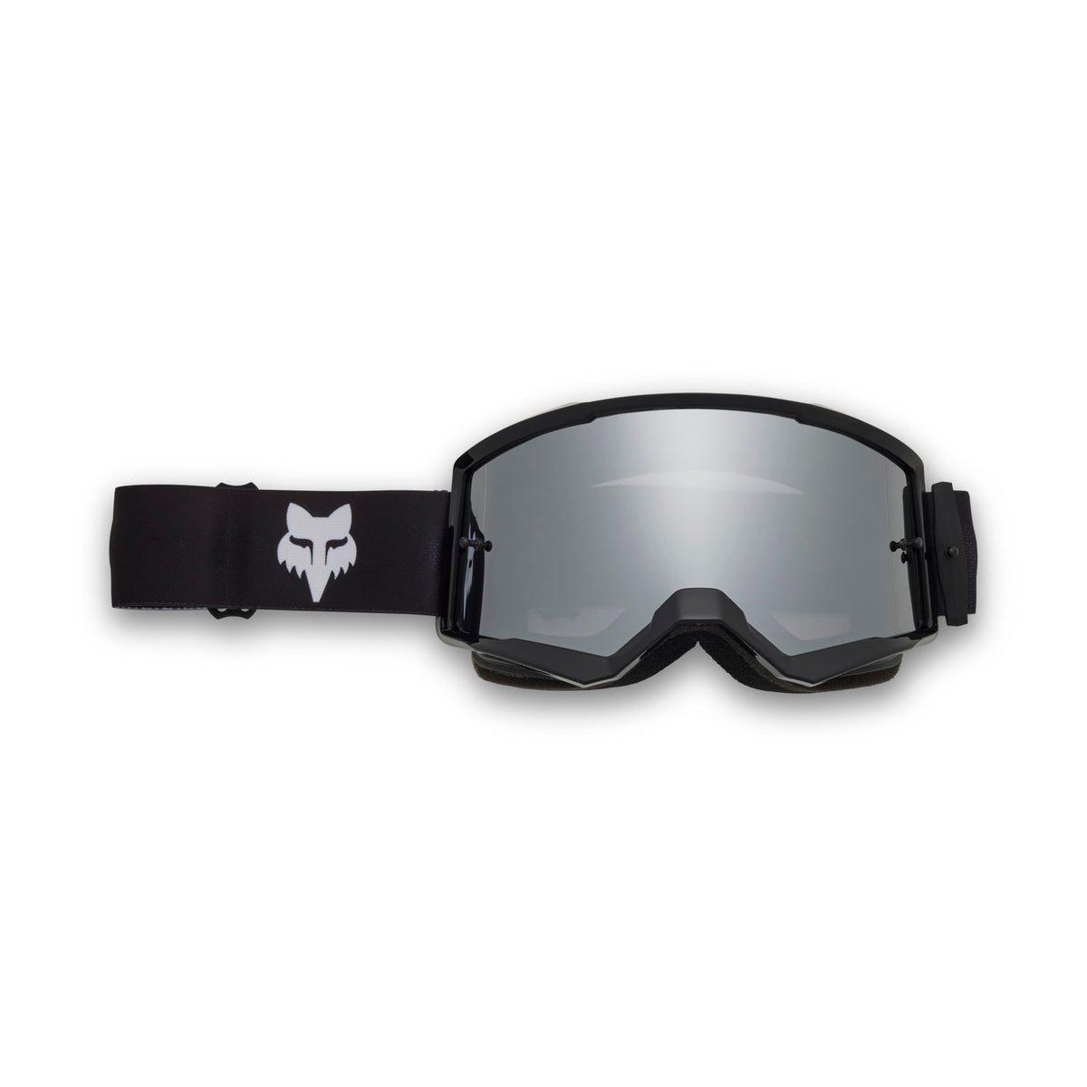 Fox Racing goggles front view showing black spark finish and wide viewport benefit