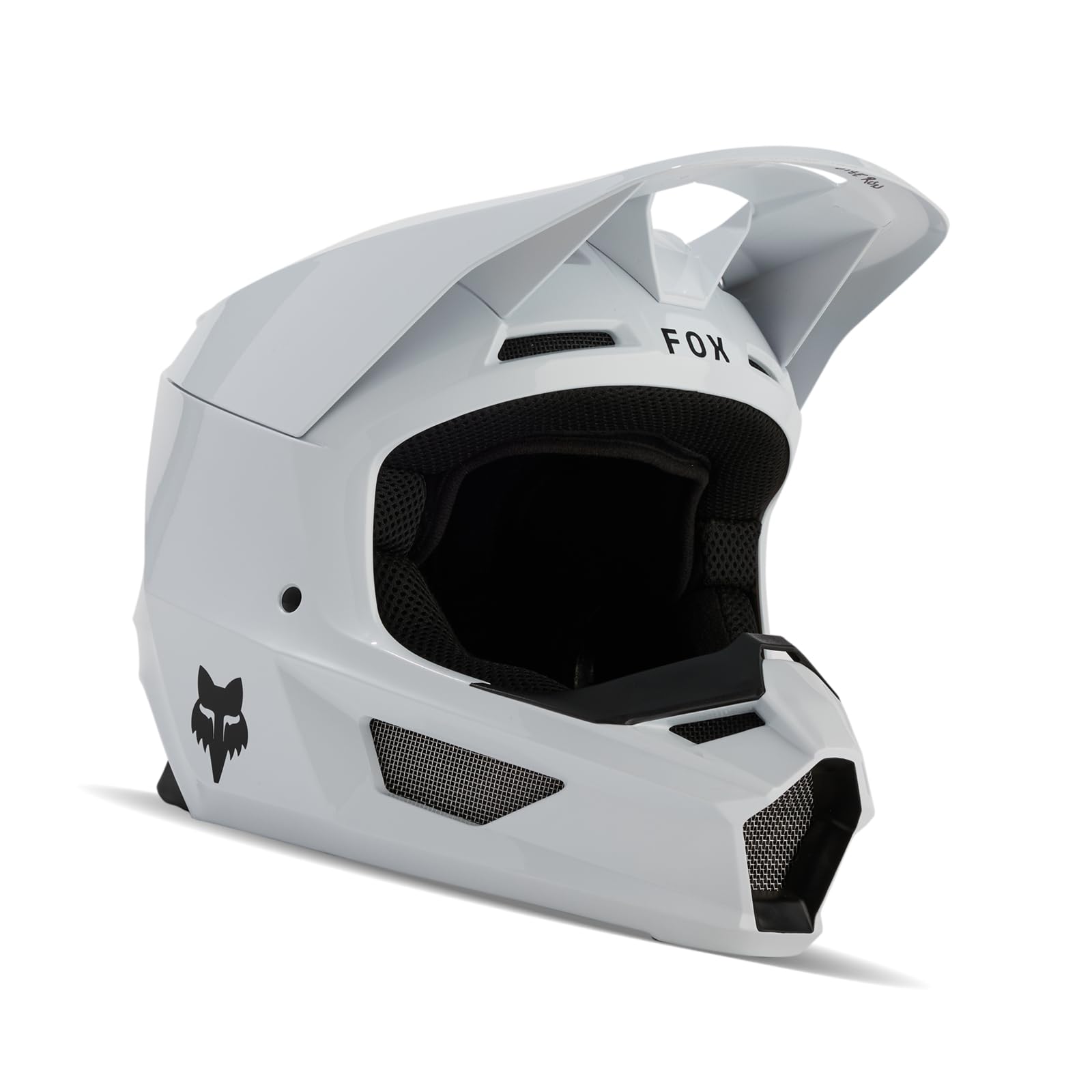 Fox Racing helmet front view showing matte white shell and ventilation for airflow