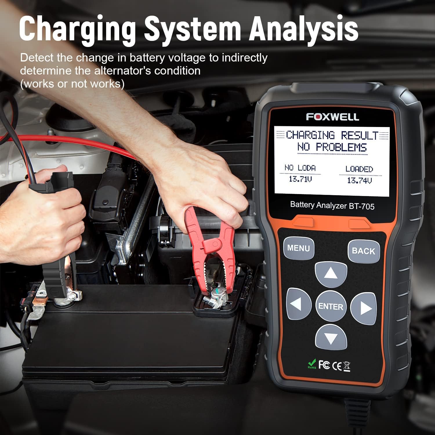 FOXWELL BT705 in-use under hood showing single-person cranking test benefit
