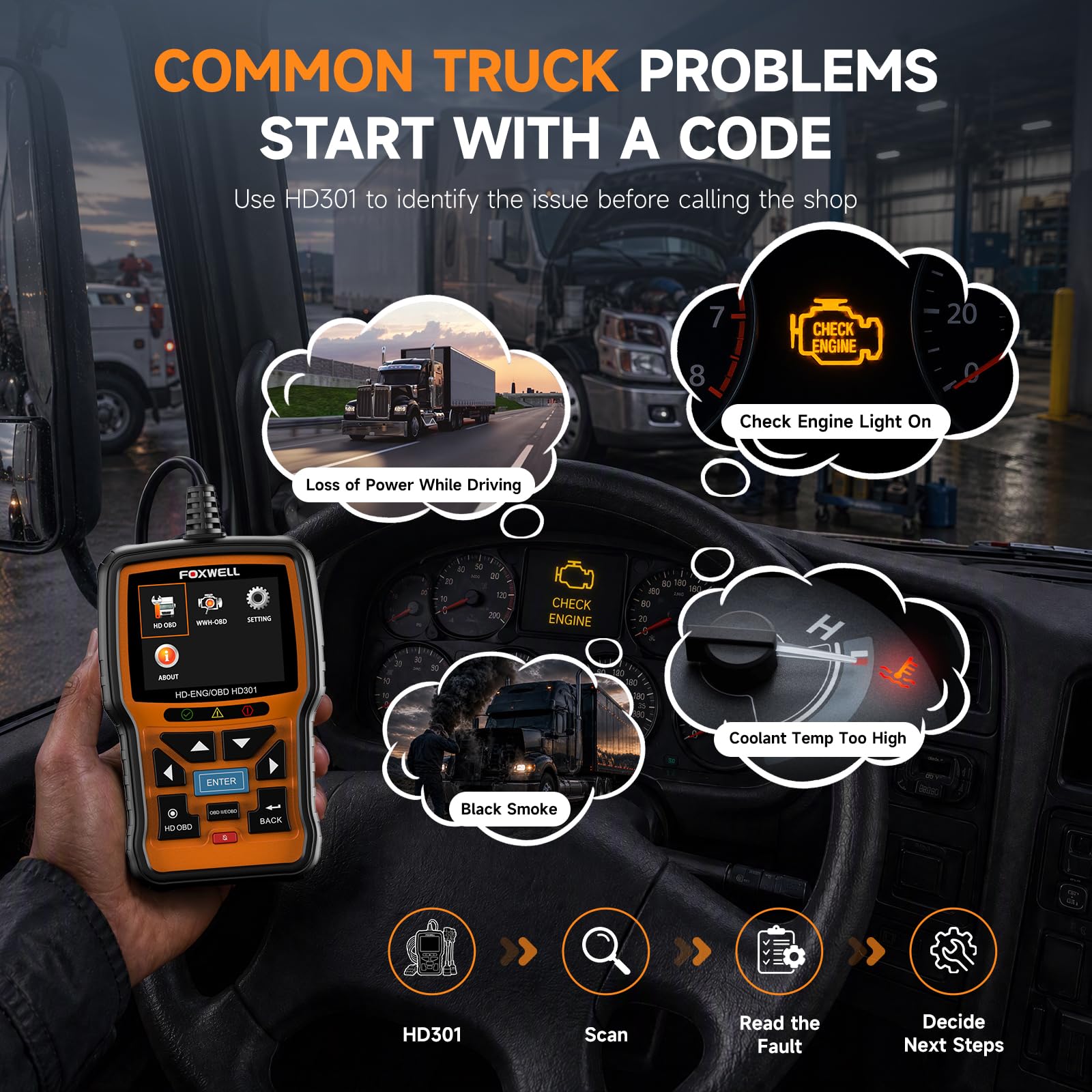FOXWELL adapter set with 6, 9 and 16 pins enabling broad truck compatibility