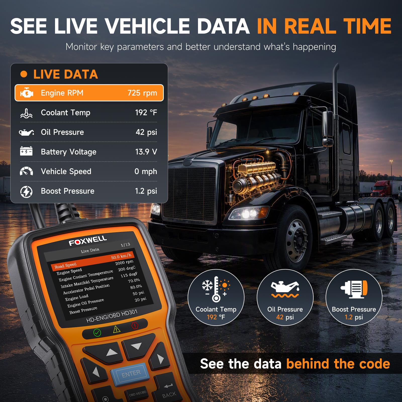 FOXWELL plugged into truck diagnostic port allowing on-vehicle scanning