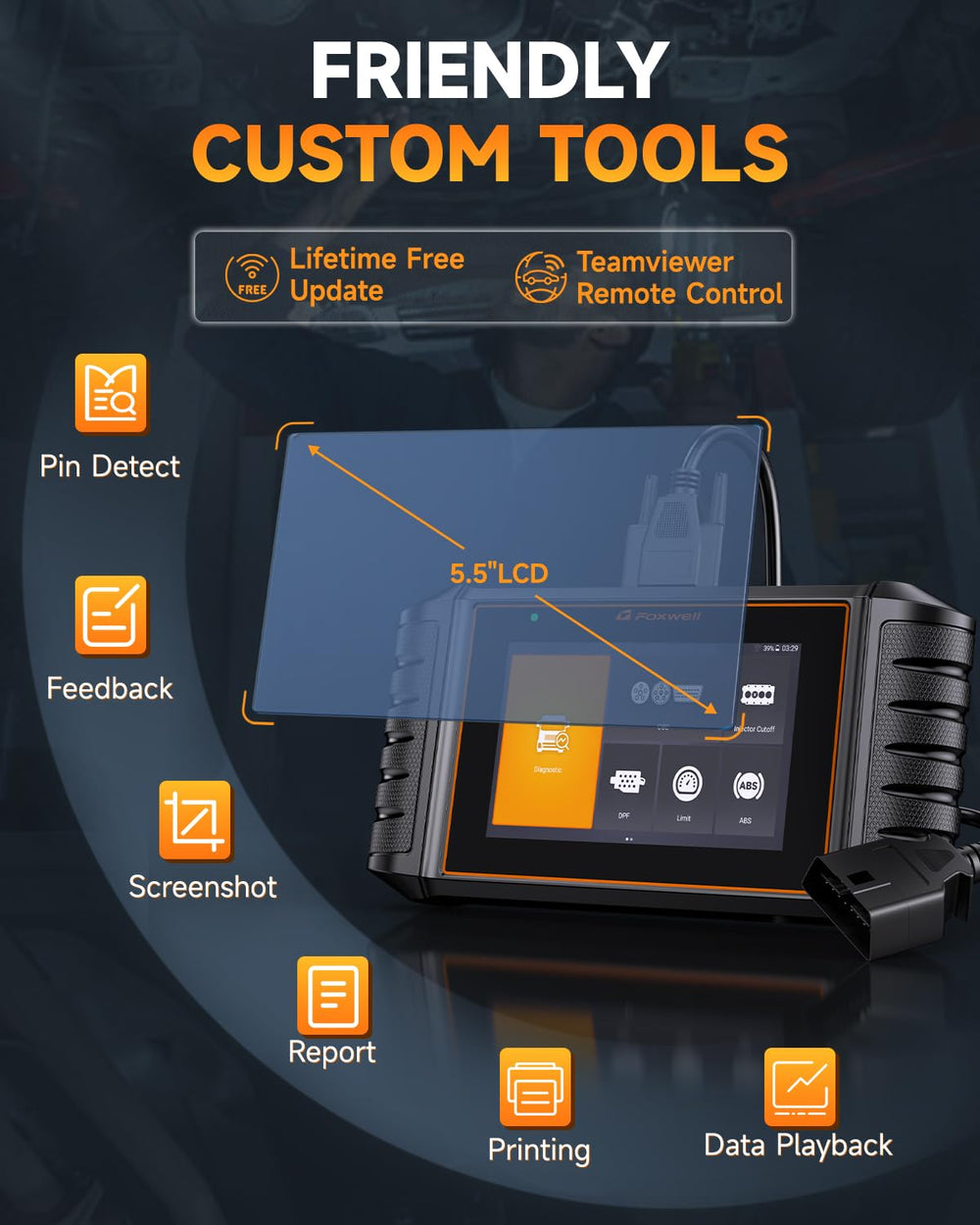FOXWELL HD500 connected in truck cabin performing a diagnostic scan efficiently