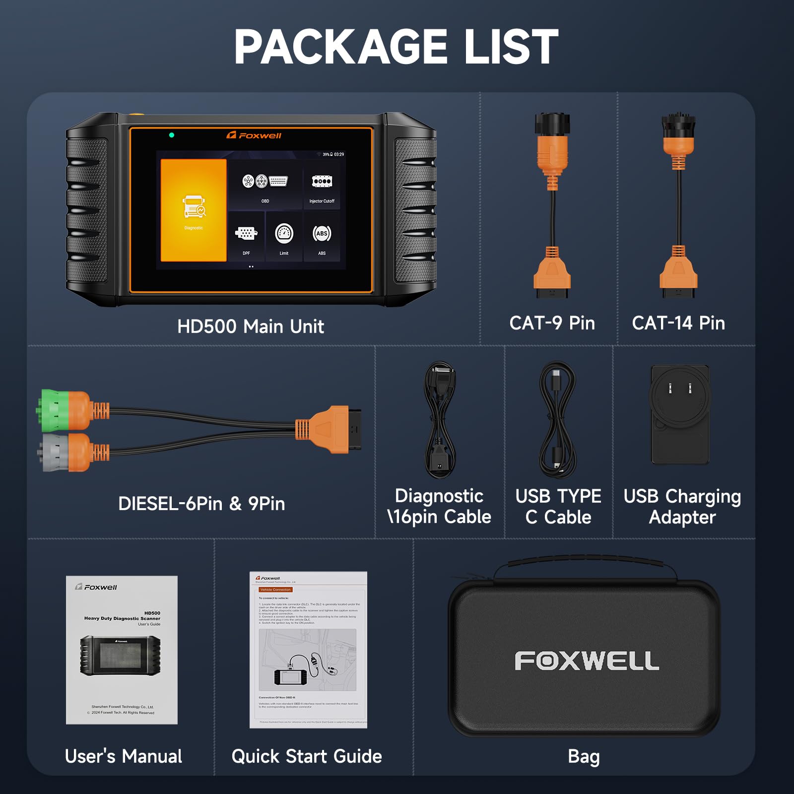 FOXWELL HD500 on workshop bench with tools illustrating professional use
