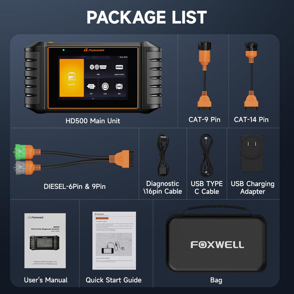 FOXWELL HD500 on workshop bench with tools illustrating professional use