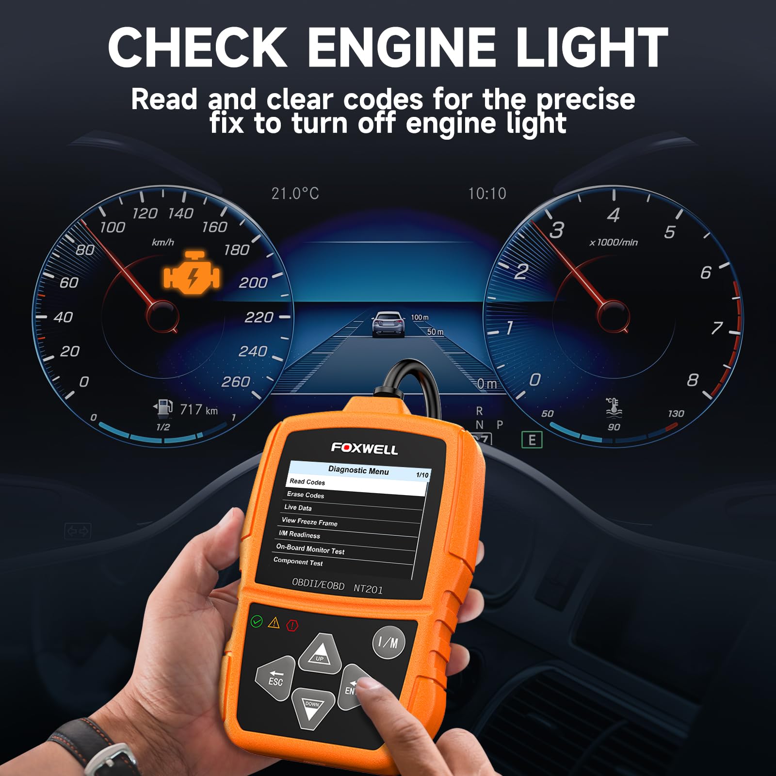 FOXWELL NT201 plugged into a car OBD2 port for immediate check engine diagnostics