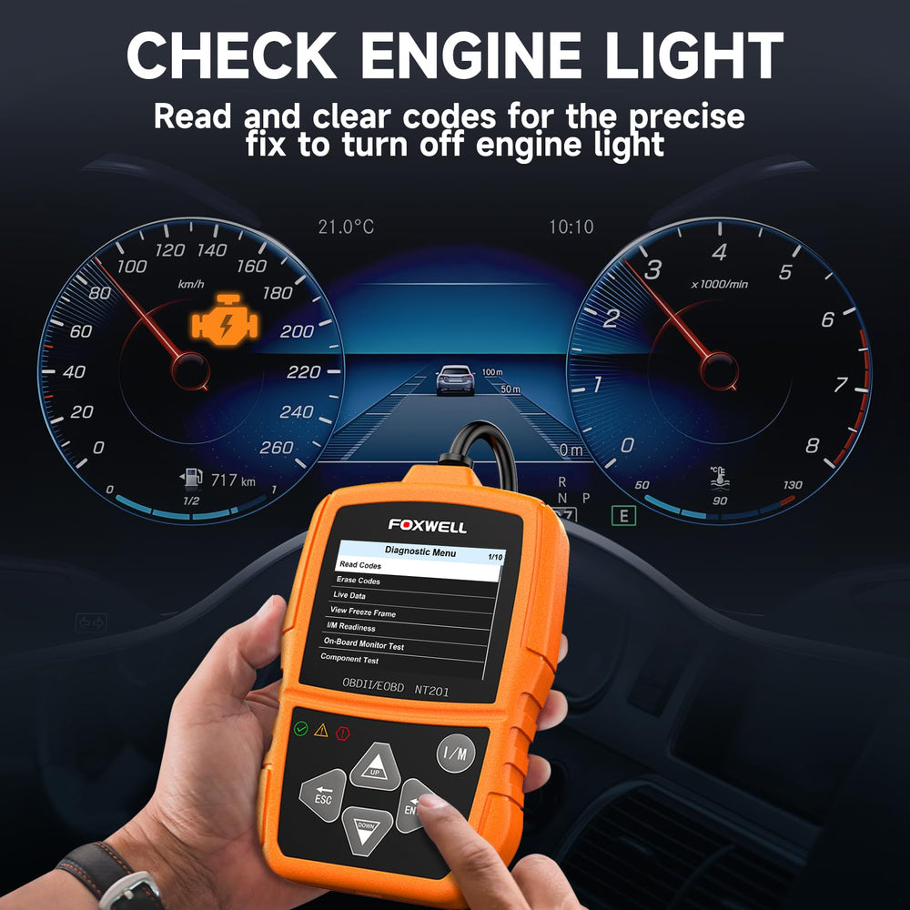 FOXWELL NT201 plugged into a car OBD2 port for immediate check engine diagnostics