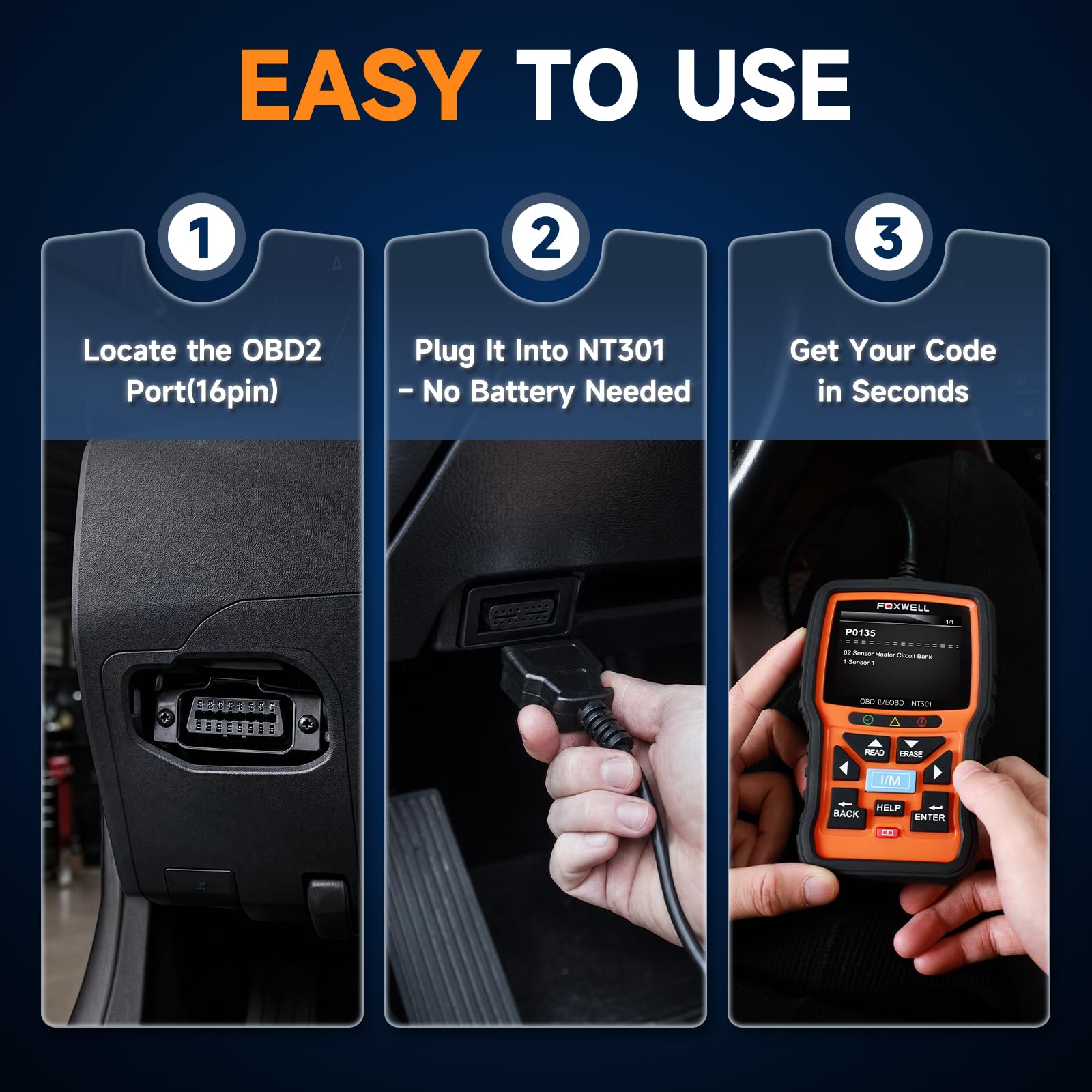 FOXWELL NT301 packaging with quick-start manual for immediate out-of-box use