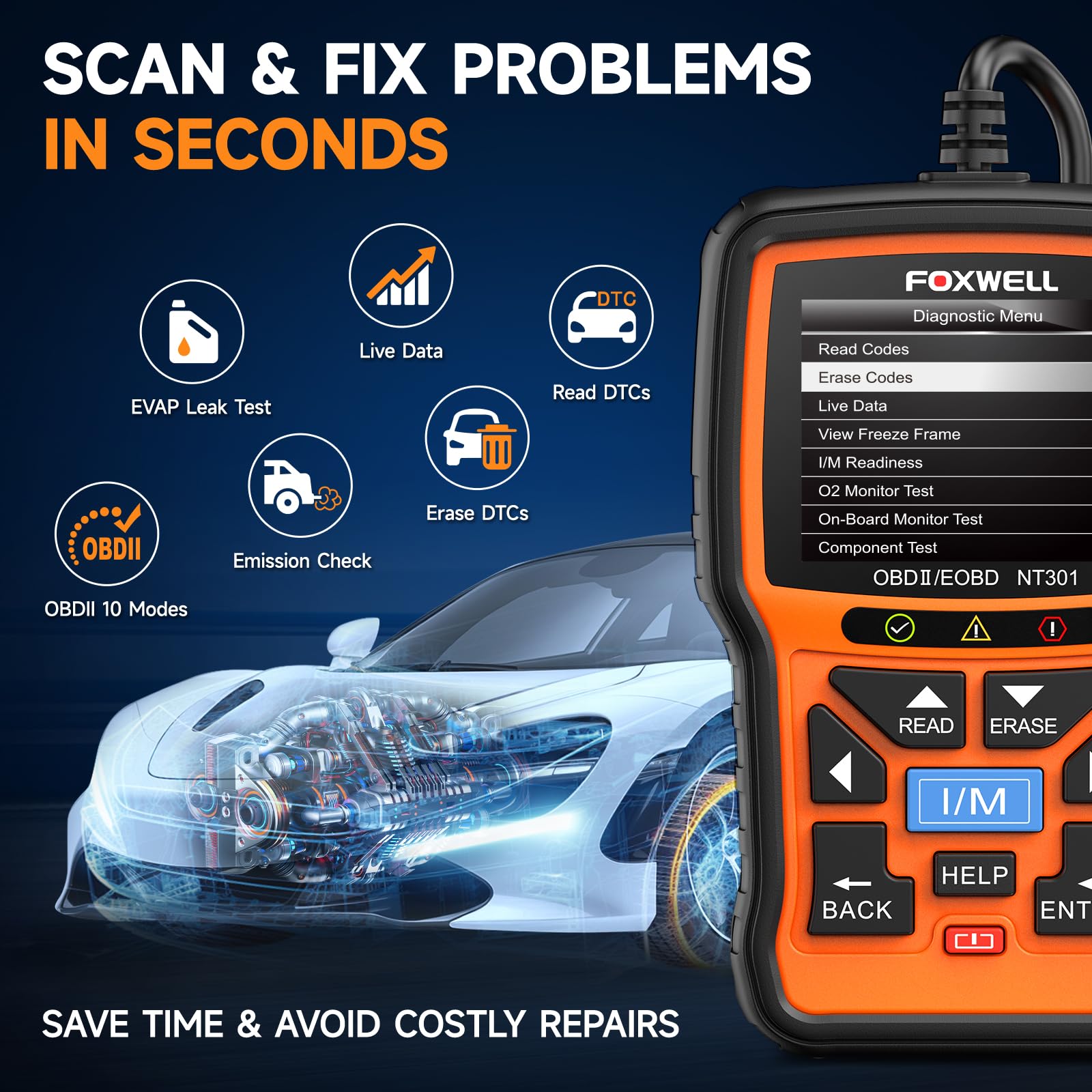 FOXWELL NT301 plugged into vehicle DLC port for fast plug-and-play diagnostics