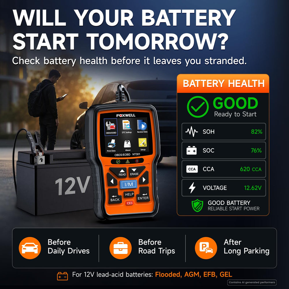 FOXWELL NT301 Plus reverse view with OBD cable demonstrating durable cable attachment