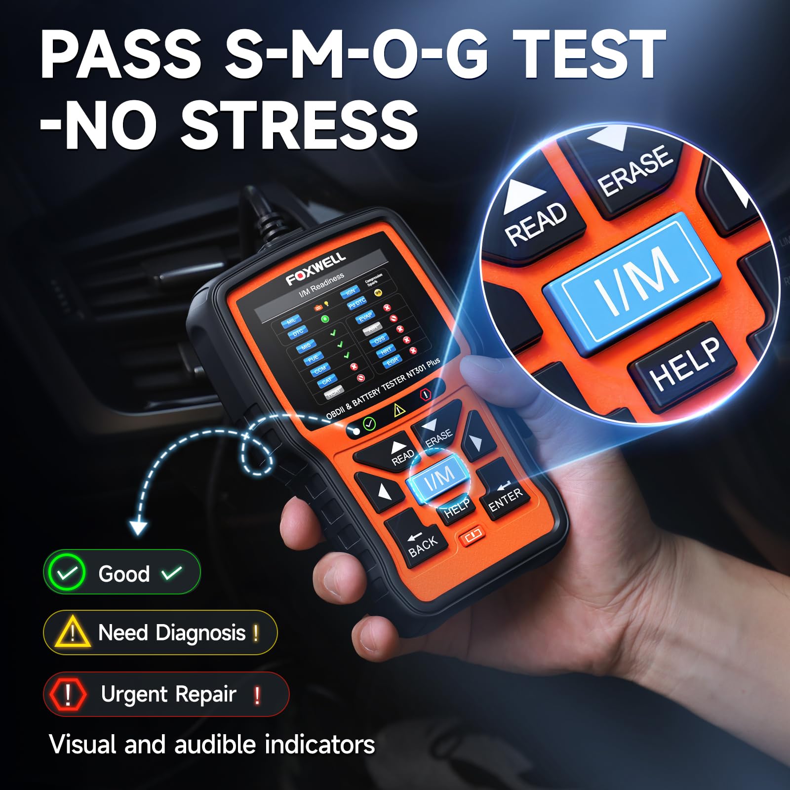 FOXWELL NT301 Plus plugged into vehicle under dash showing quick OBDII hookup