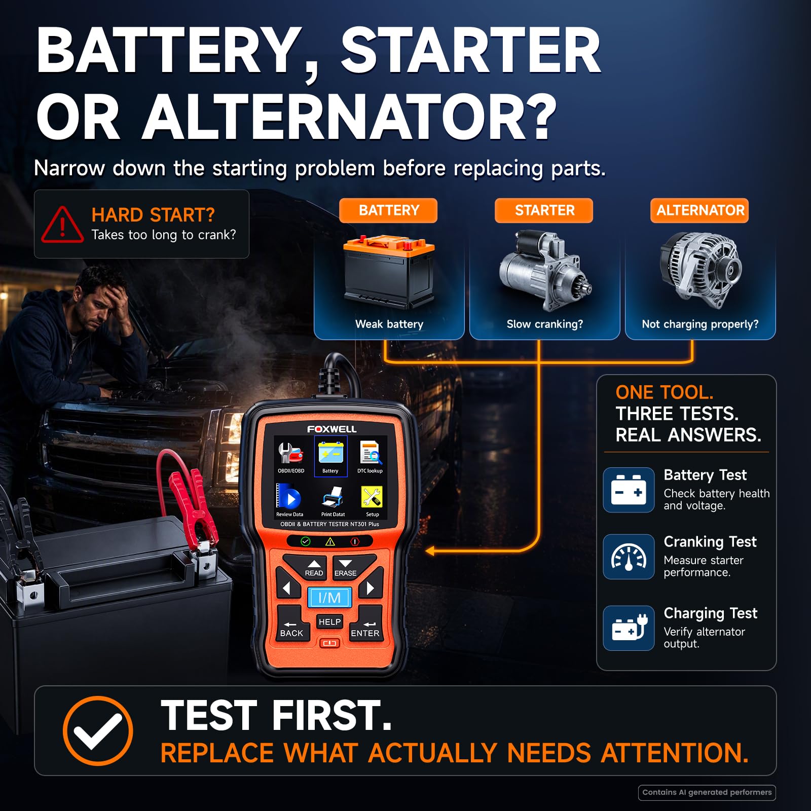 FOXWELL NT301 Plus live data screen displaying RPM and coolant temp for troubleshooting