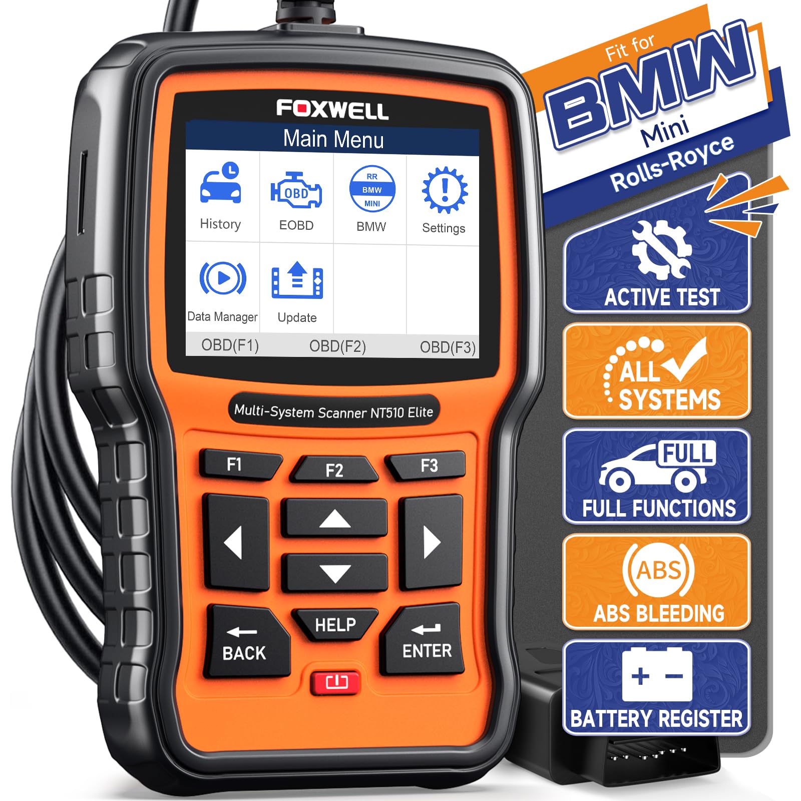 FOXWELL NT510 Elite front view showing rugged housing and handheld benefit