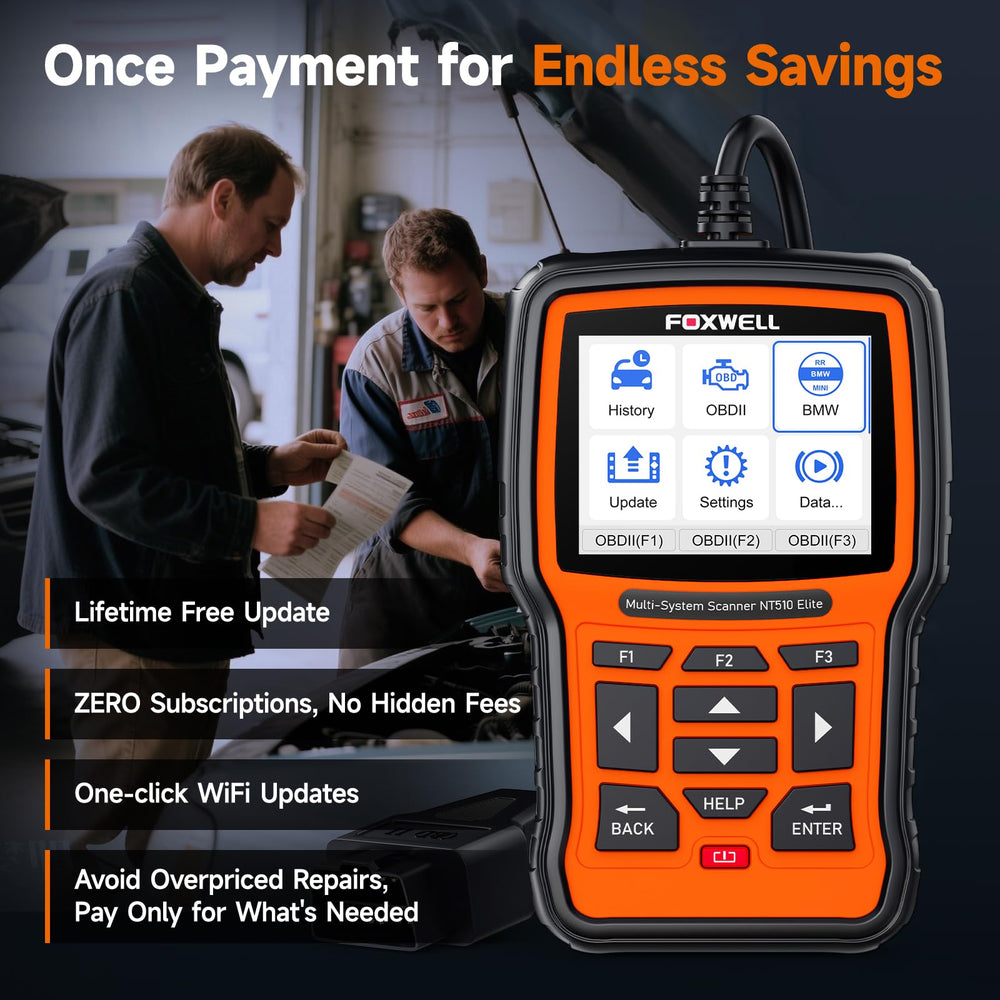 FOXWELL NT510 Elite with packaging and cables for complete out-of-box readiness