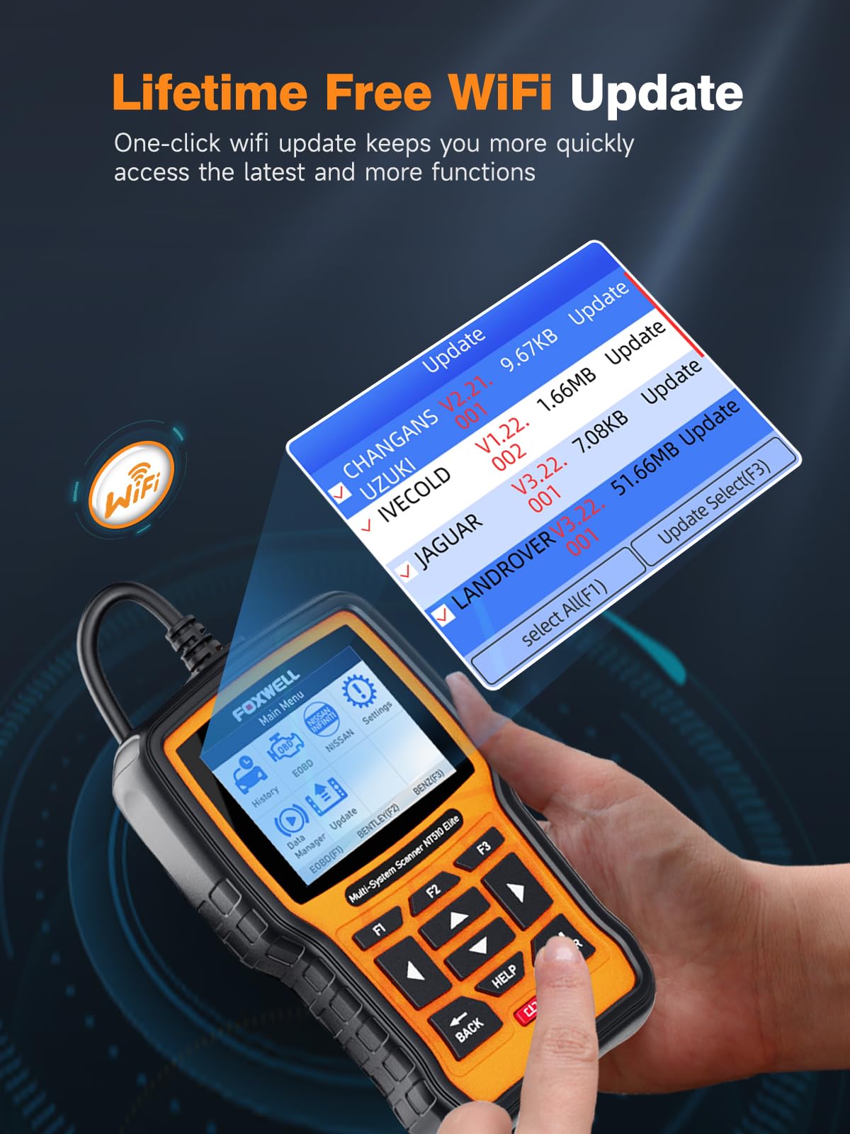 FOXWELL NT510 Elite connected to vehicle OBD port under hood, quick system access benefit