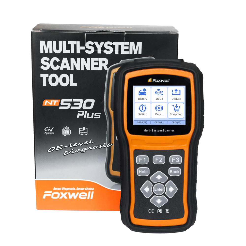 FOXWELL NT530 held in hand to show compact size and workshop portability