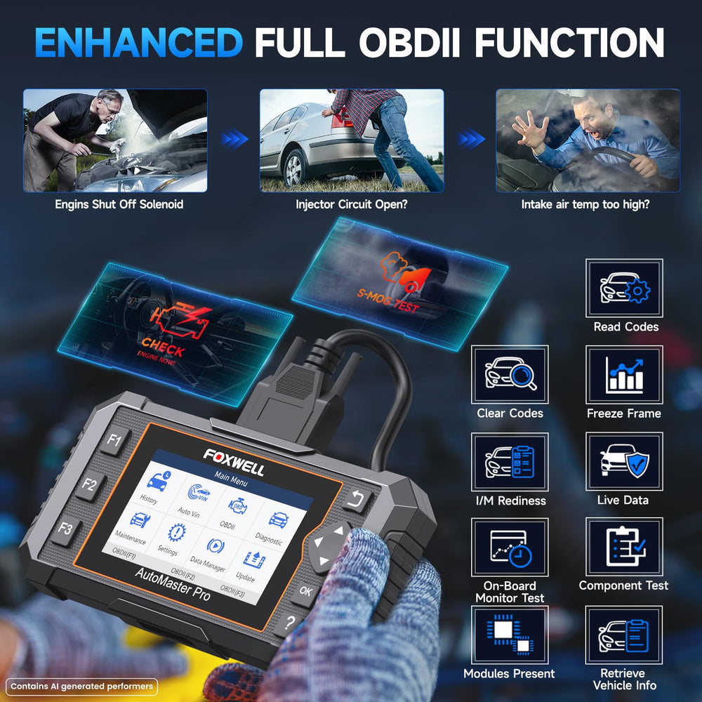 FOXWELL NT614 OBD2 connector cable plugged in, secure connection for reliable scans