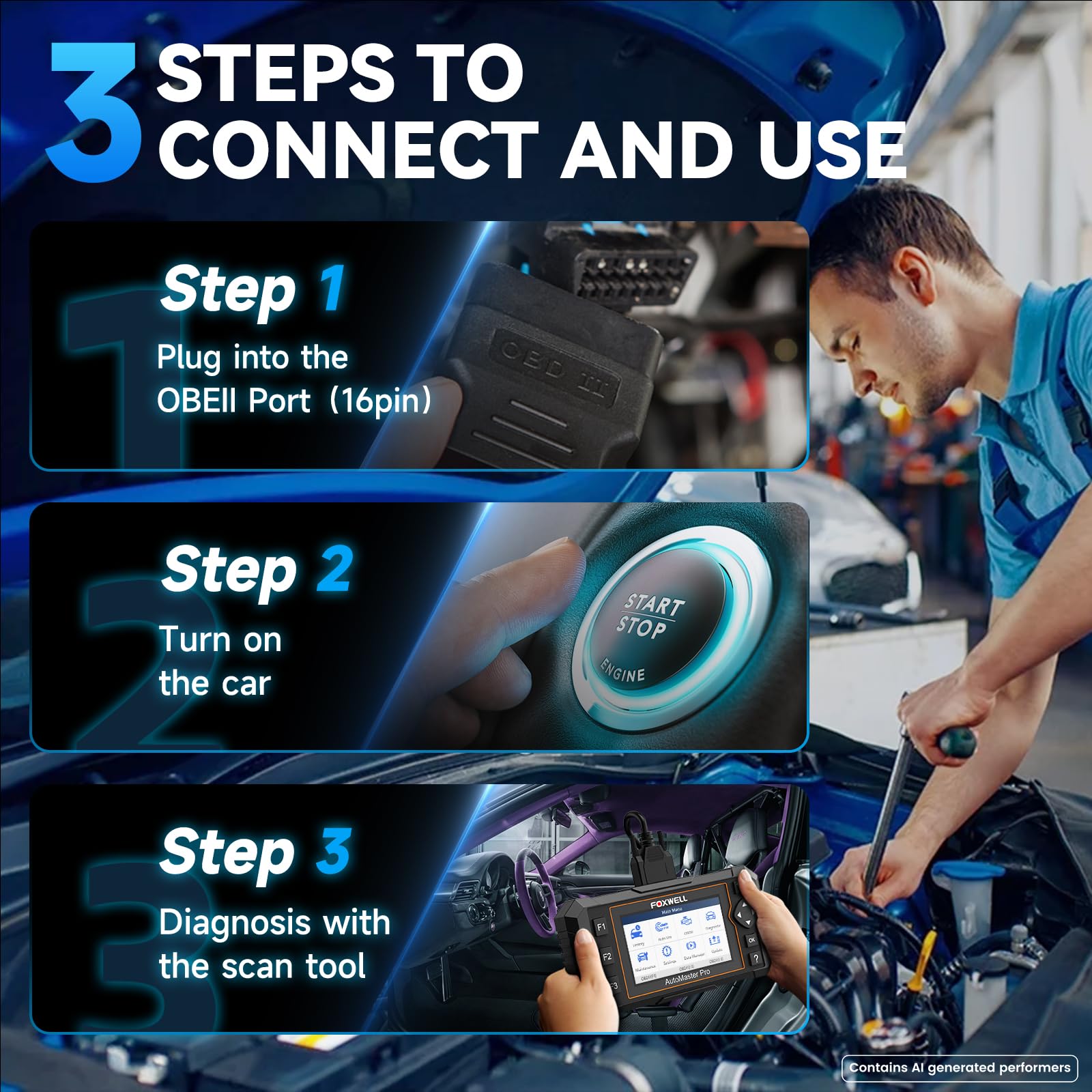 FOXWELL NT614 mounted in vehicle near steering column for quick on-car diagnostics