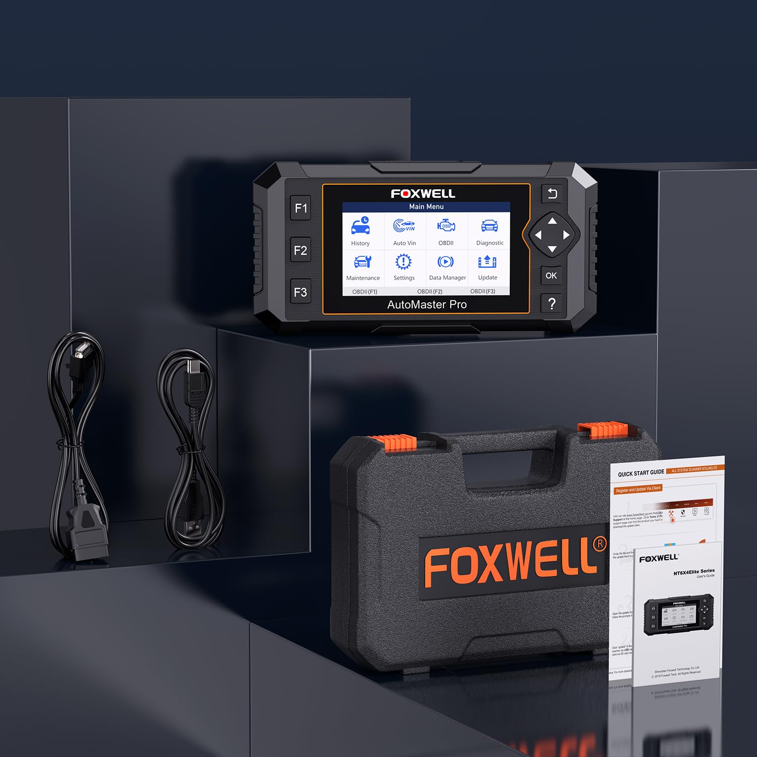 FOXWELL NT614 held in hand for size comparison, compact tool that fits workshop