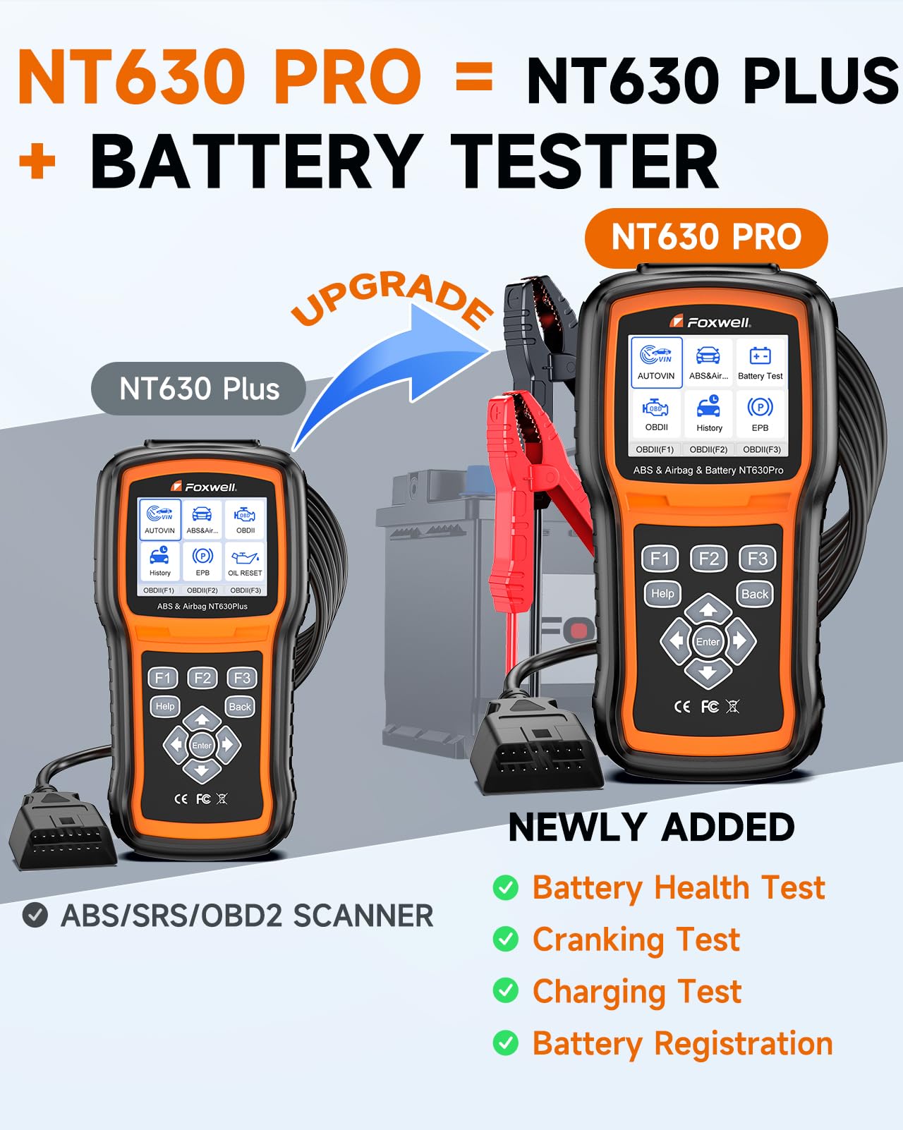 FOXWELL NT630 Pro battery clamps connected for accurate battery testing