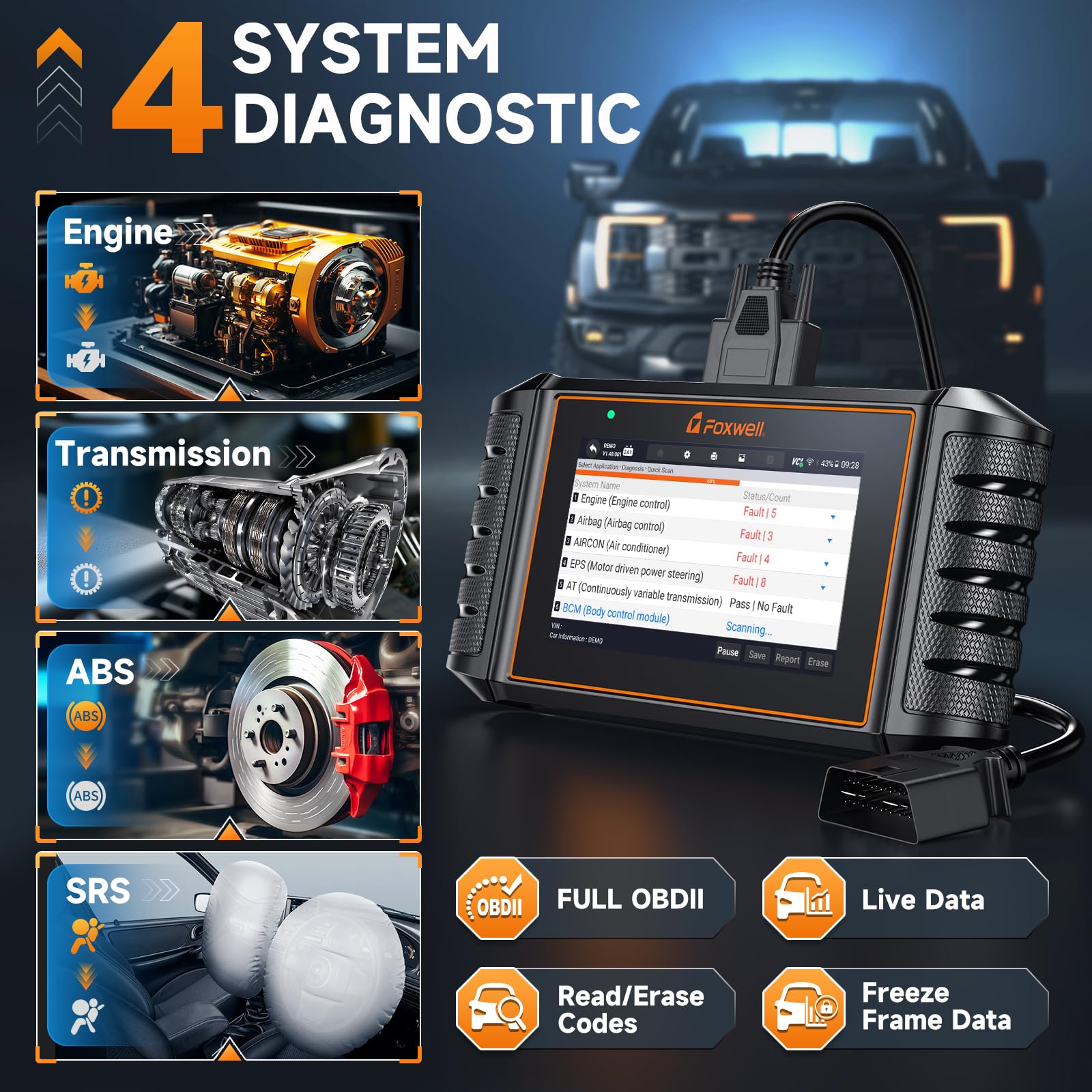 FOXWELL NT716 OBD2 connector and cable ready to plug for quick vehicle access