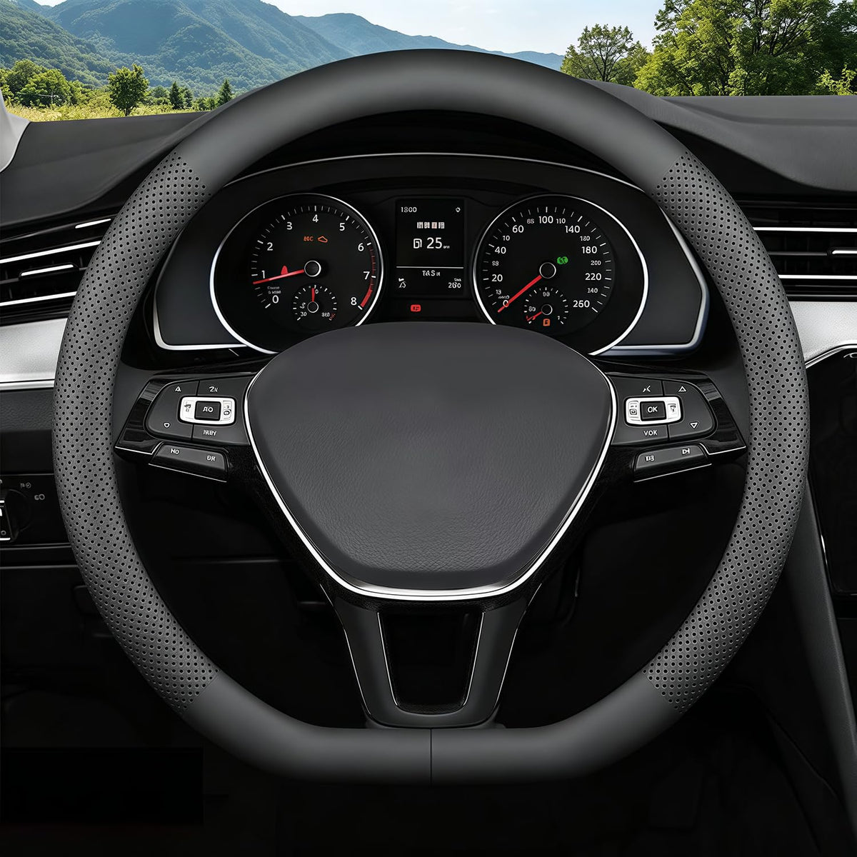 FQMY front view of black steering wheel cover showing sleek fit and style