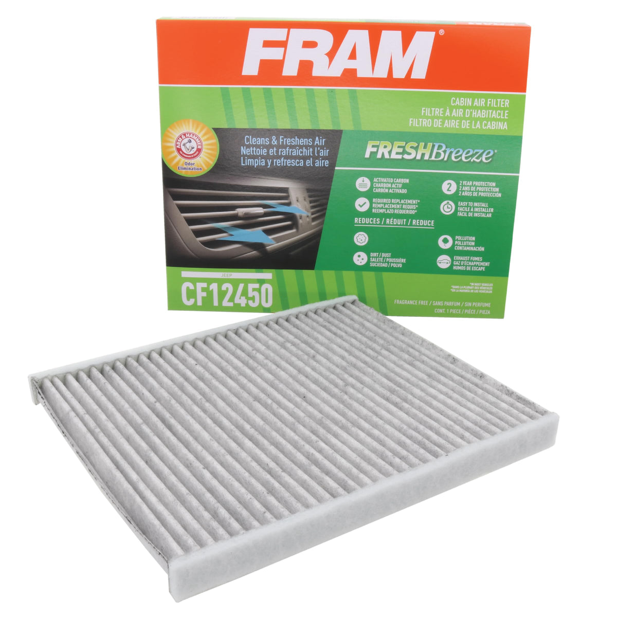 FRAM CF12450 front packaging showing model and benefits for fresher cabin