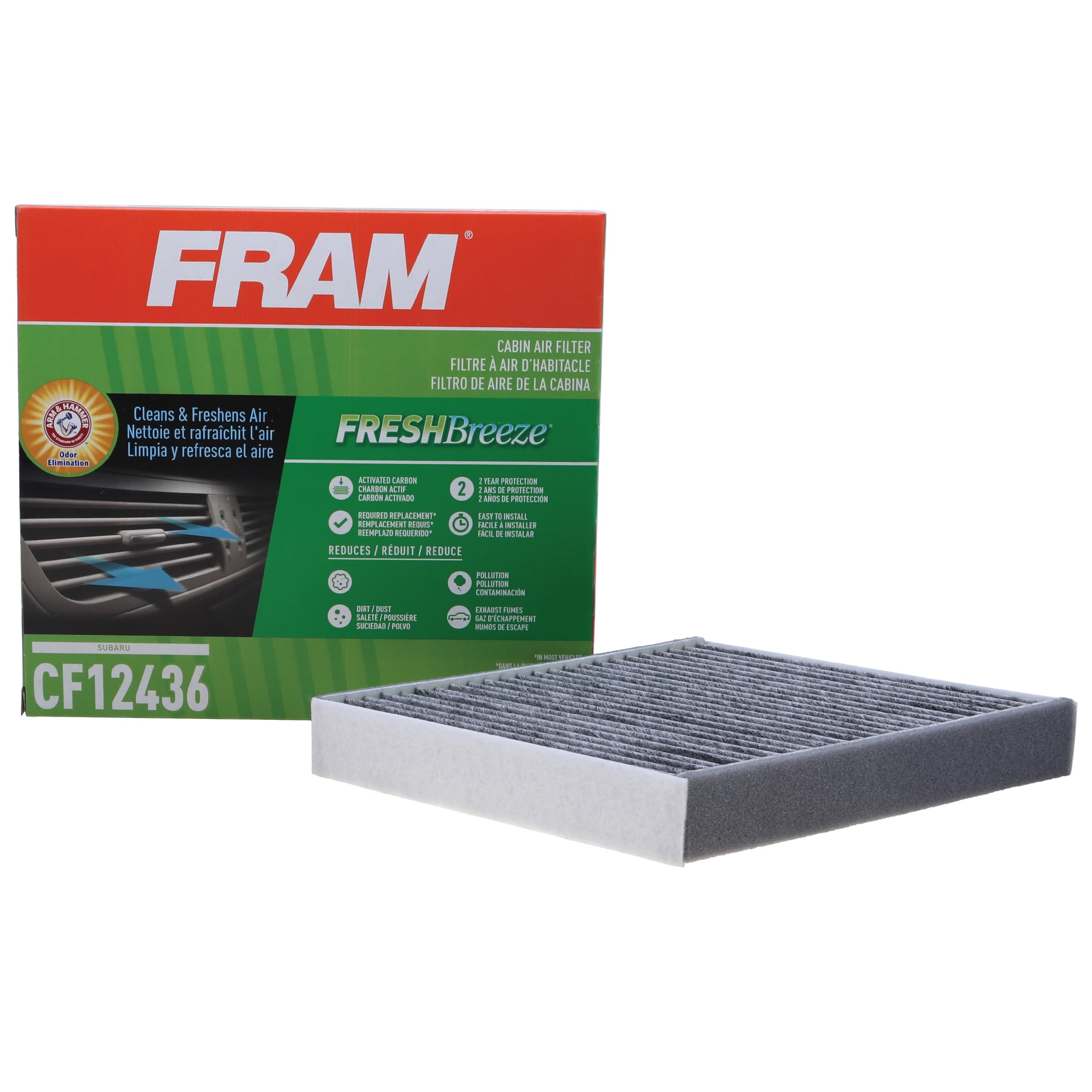 FRAM front packaging showing Fresh Breeze filter and benefits