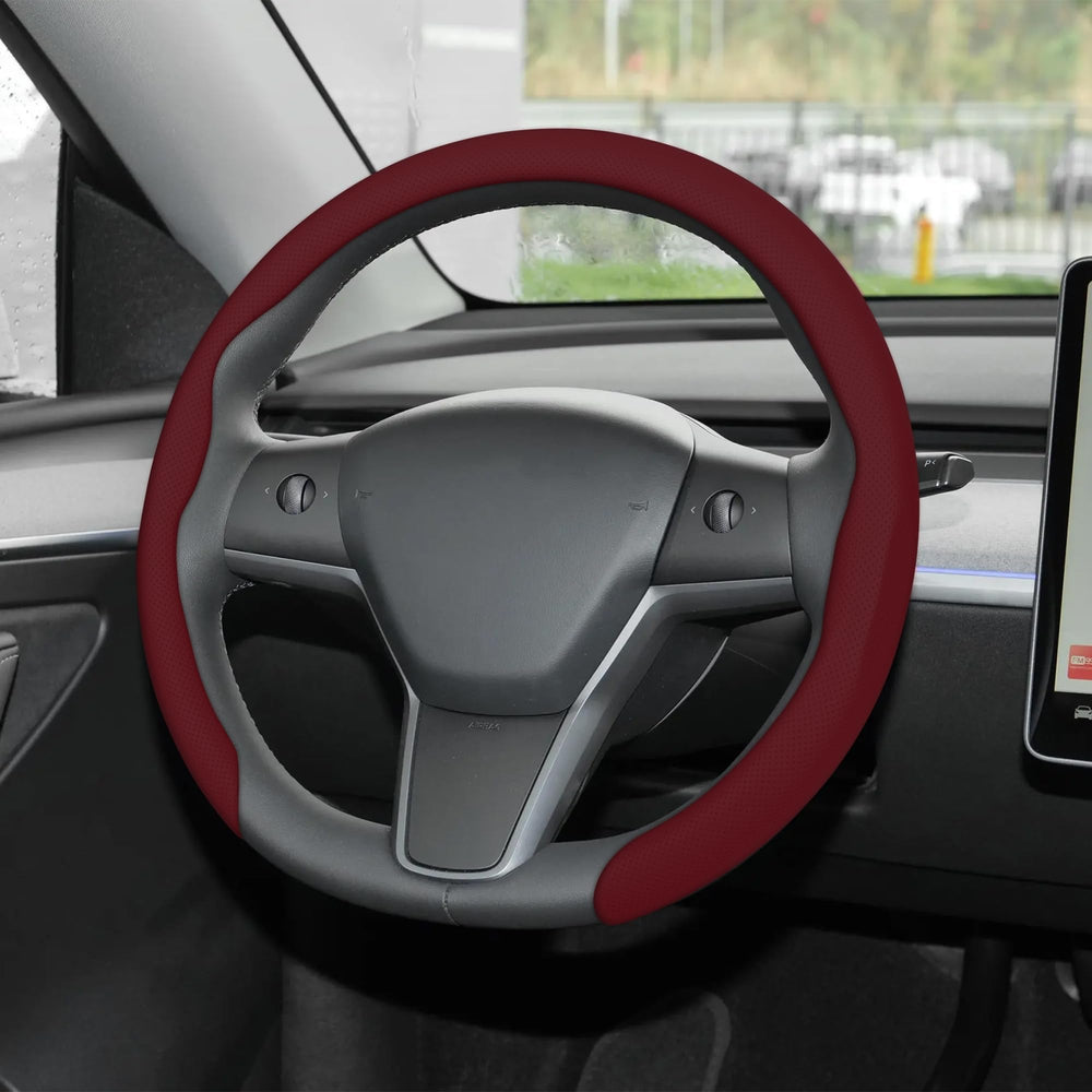 Frani front view wine red steering wheel cover showing color and fit benefits