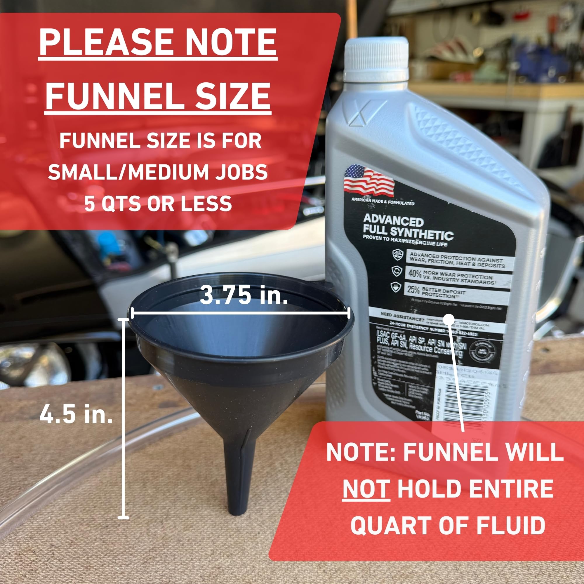 Franks Funnels close-up of hose-to-funnel connection, ensures tight no-drip fit