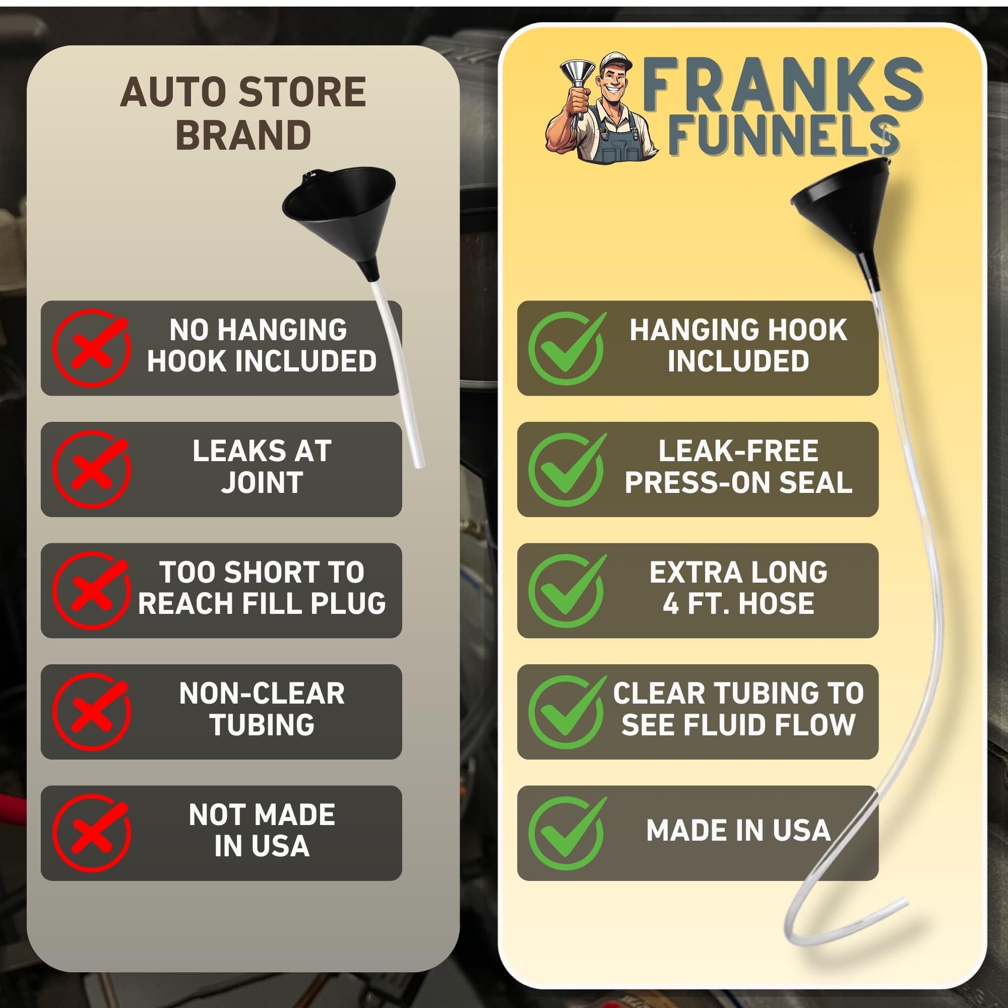 Franks Funnels clear tubing stretched to show full 4-foot reach for tight spaces