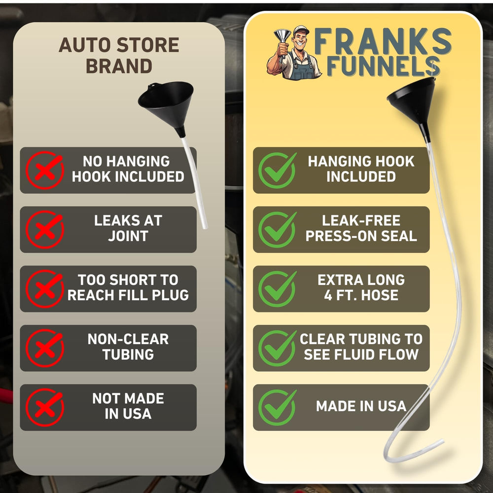 Franks Funnels clear tubing stretched to show full 4-foot reach for tight spaces