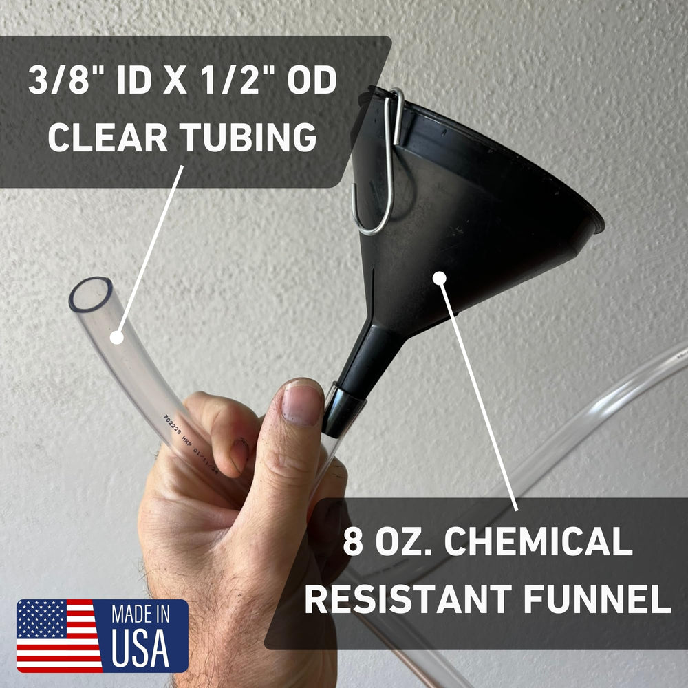Franks Funnels in-use under a car near transmission fill, makes topping fluid easier