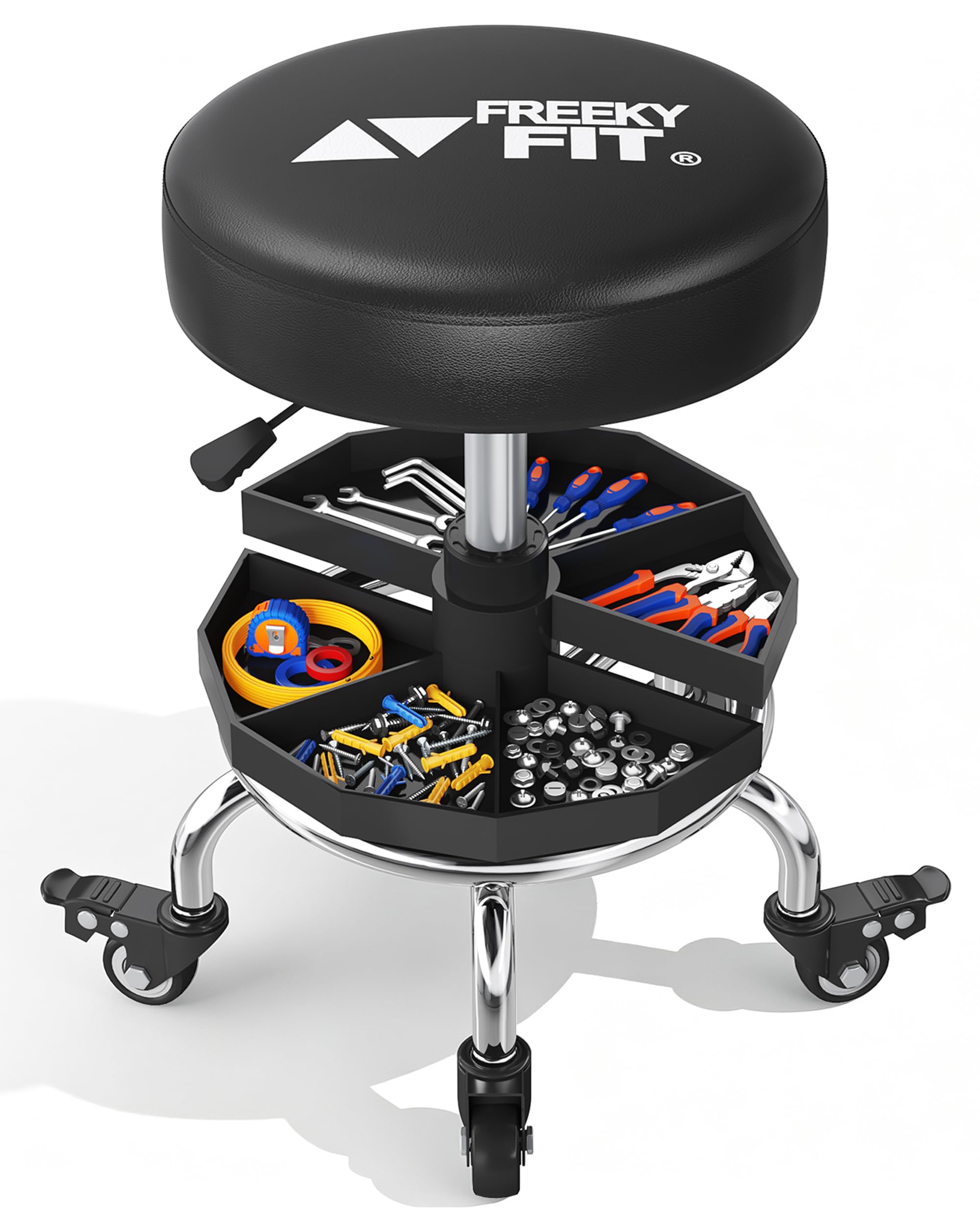 FreekyFit front view of rolling shop stool showing compact, stable design and mobility