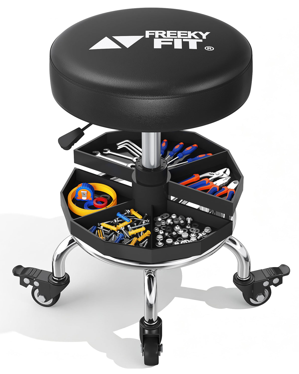 FreekyFit front view of rolling shop stool showing compact, stable design and mobility
