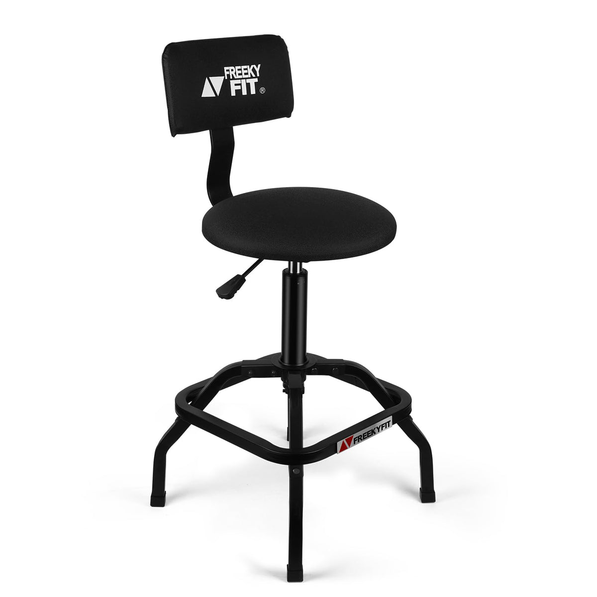 FreekyFit front view of stool showing sturdy frame and swivel for workshop mobility