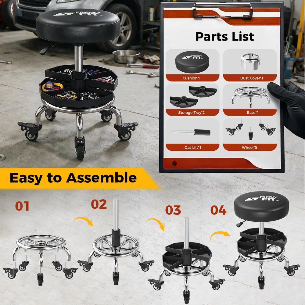 FreekyFit stool next to toolbox showing scale and suitability for busy garage tasks