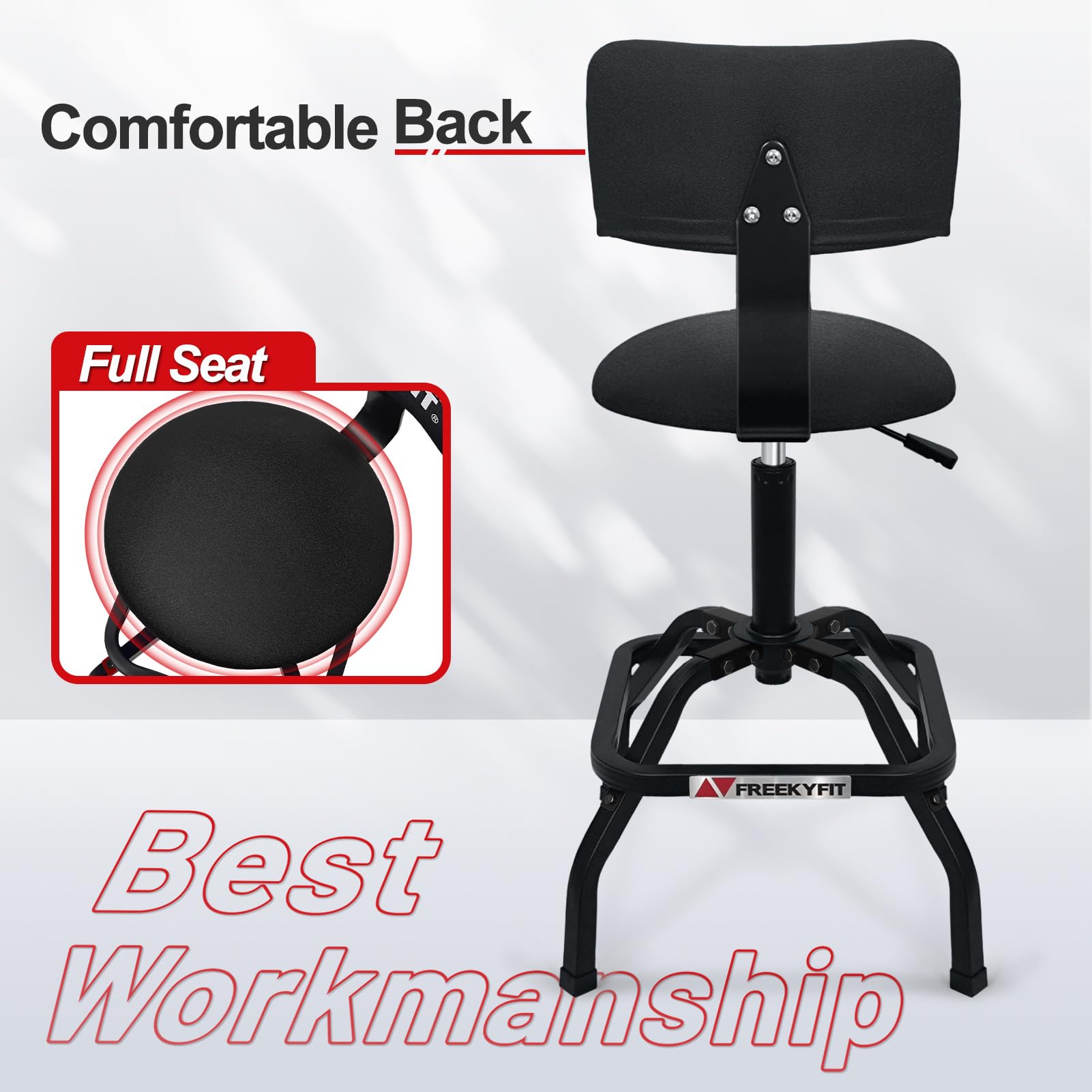 FreekyFit stool placed in garage setting enabling efficient tool access