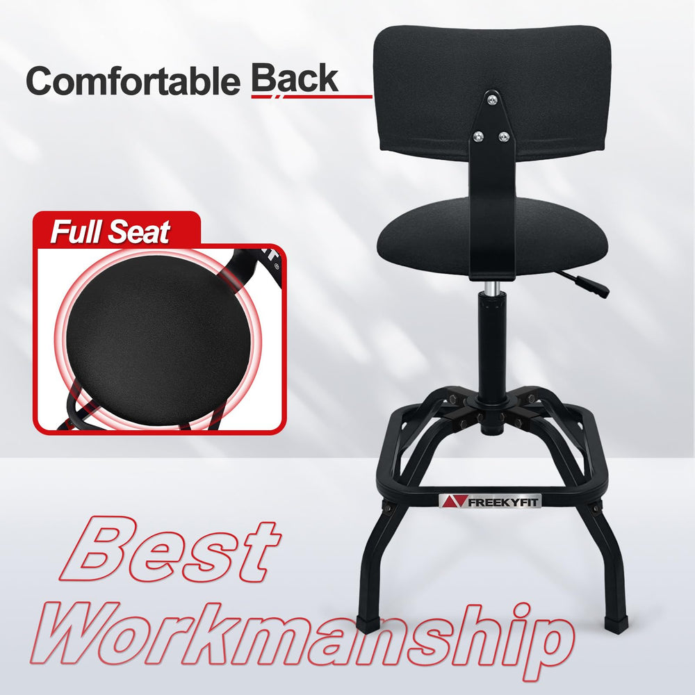 FreekyFit stool placed in garage setting enabling efficient tool access