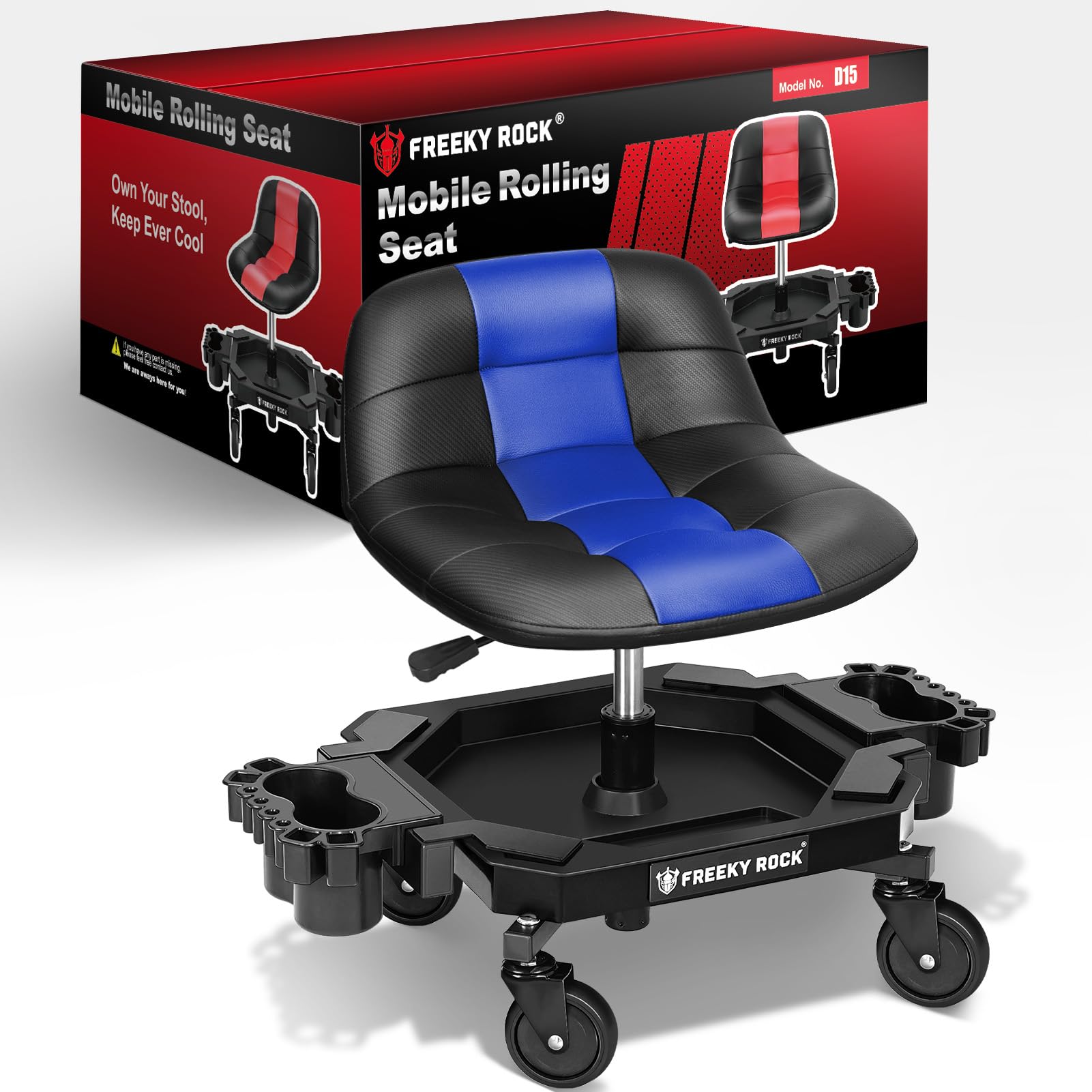 FREEKYROCK front view showing full rolling stool and tool tray, improved workflow